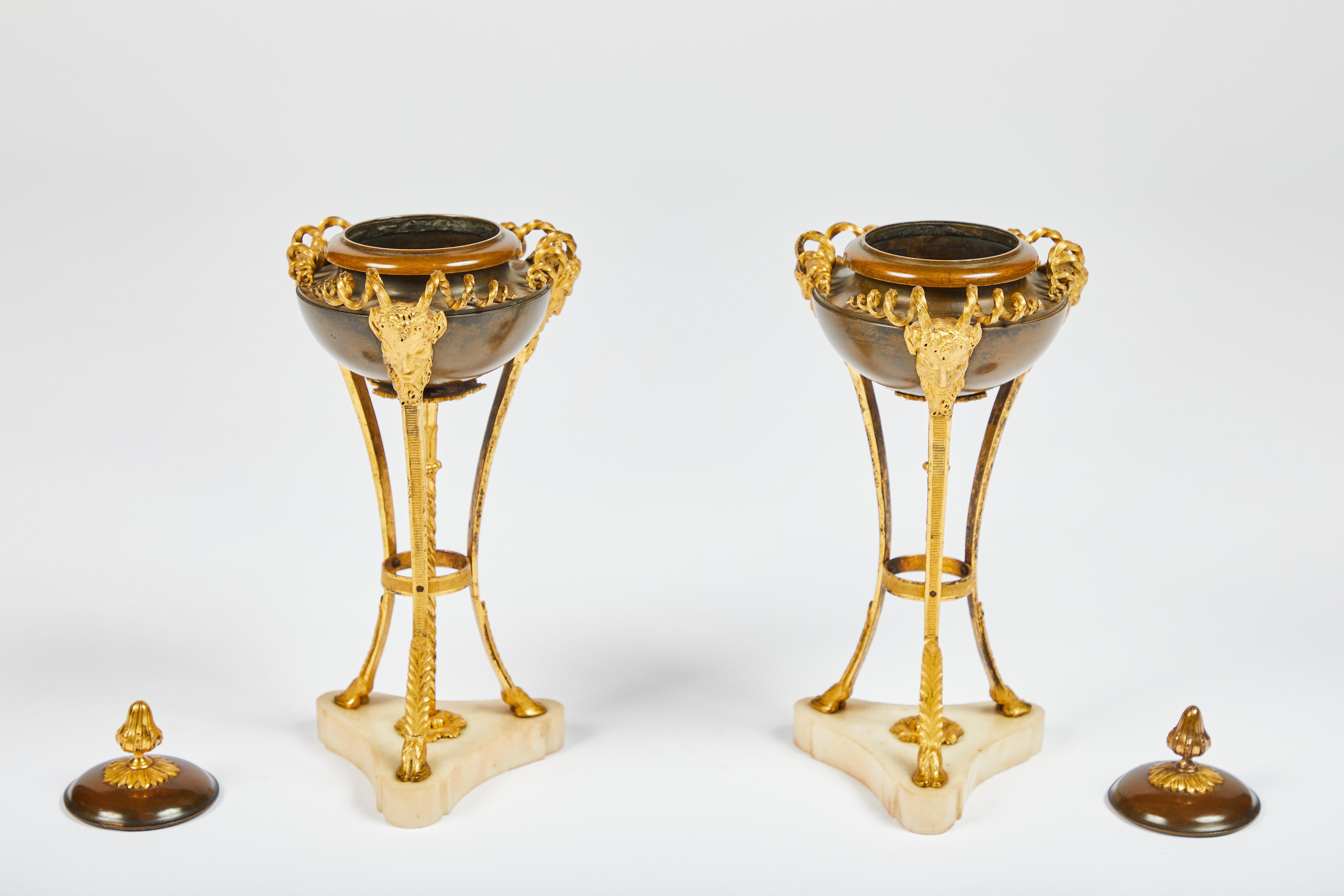 Marble Pair of Louis XVI Style Gilt and Bronze Cassolettes For Sale