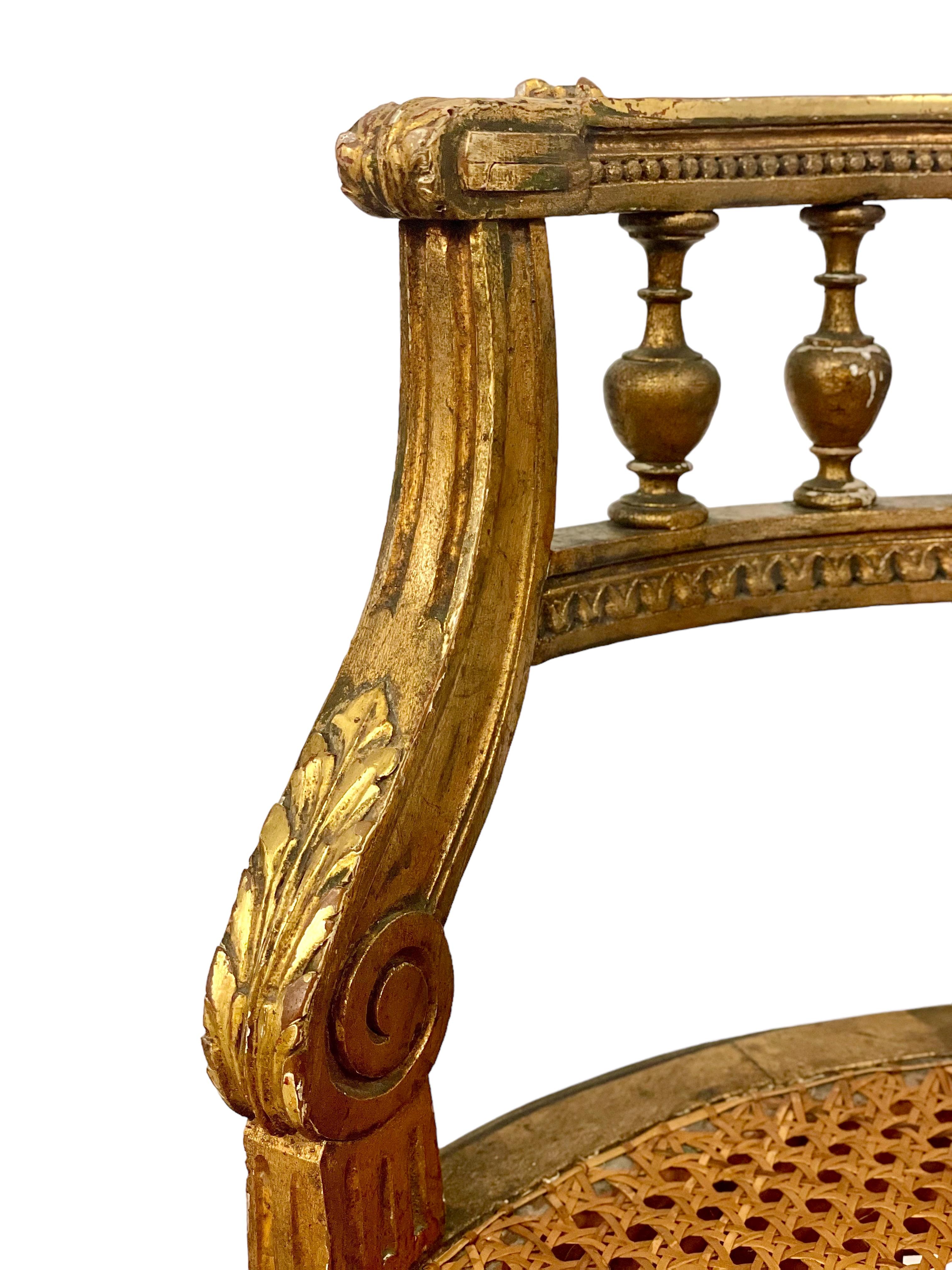 Pair of Antique French Louis XVI Gilt Caned Chairs  For Sale 1