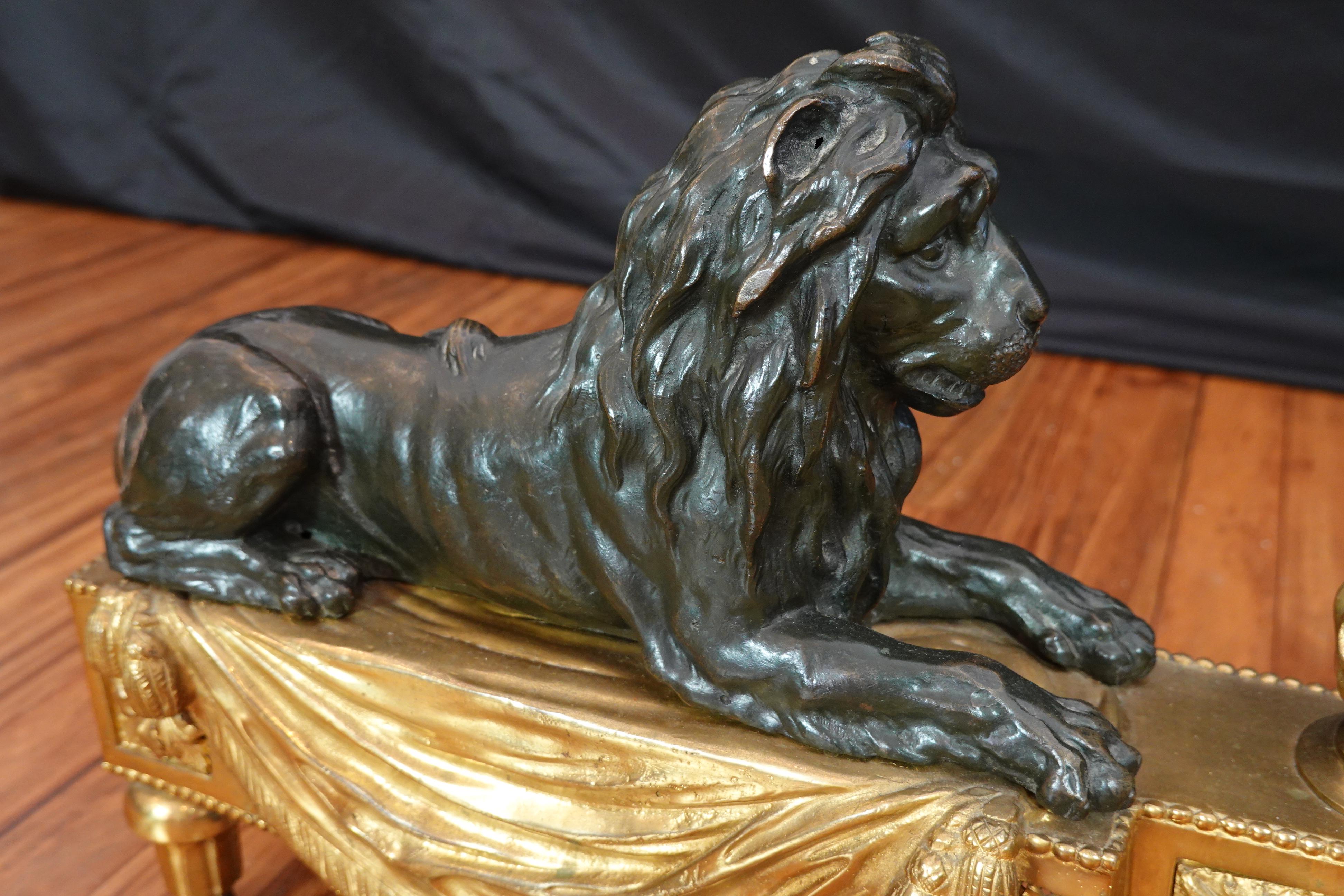 Pair of Louis XVI Style Gilt and Patinated Bronze Lion Chenets or Andirons 4