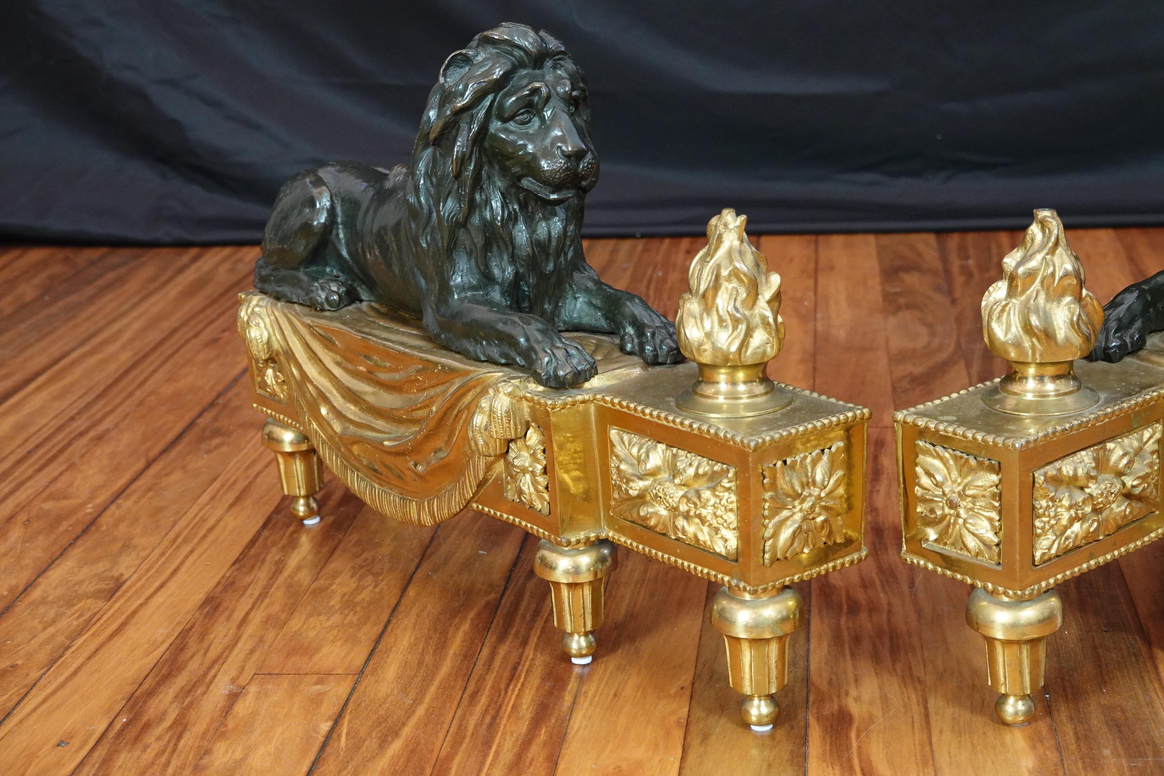 Pair of Louis XVI Style Gilt and Patinated Bronze Lion Chenets or Andirons 5