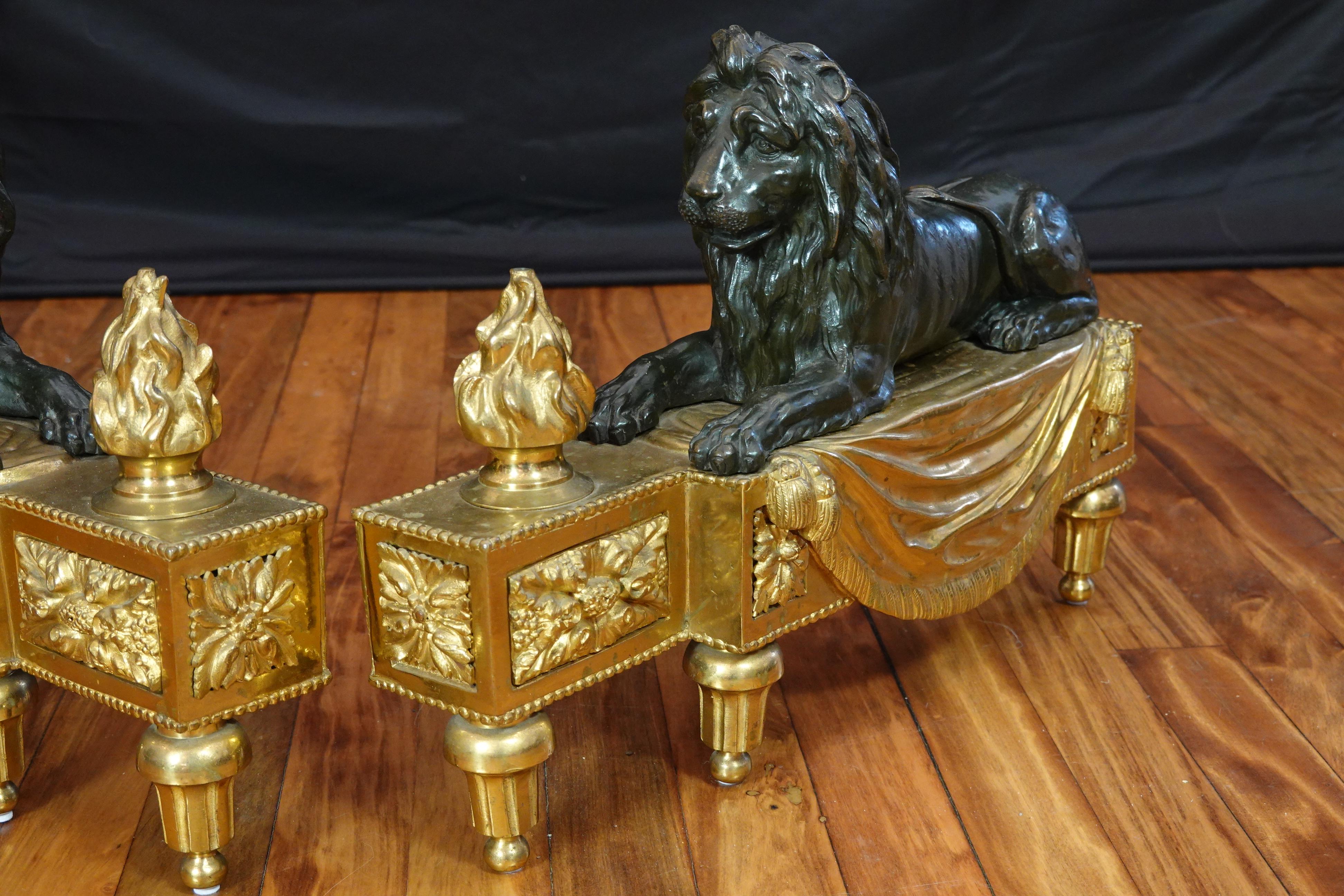 Pair of Louis XVI Style Gilt and Patinated Bronze Lion Chenets or Andirons 6