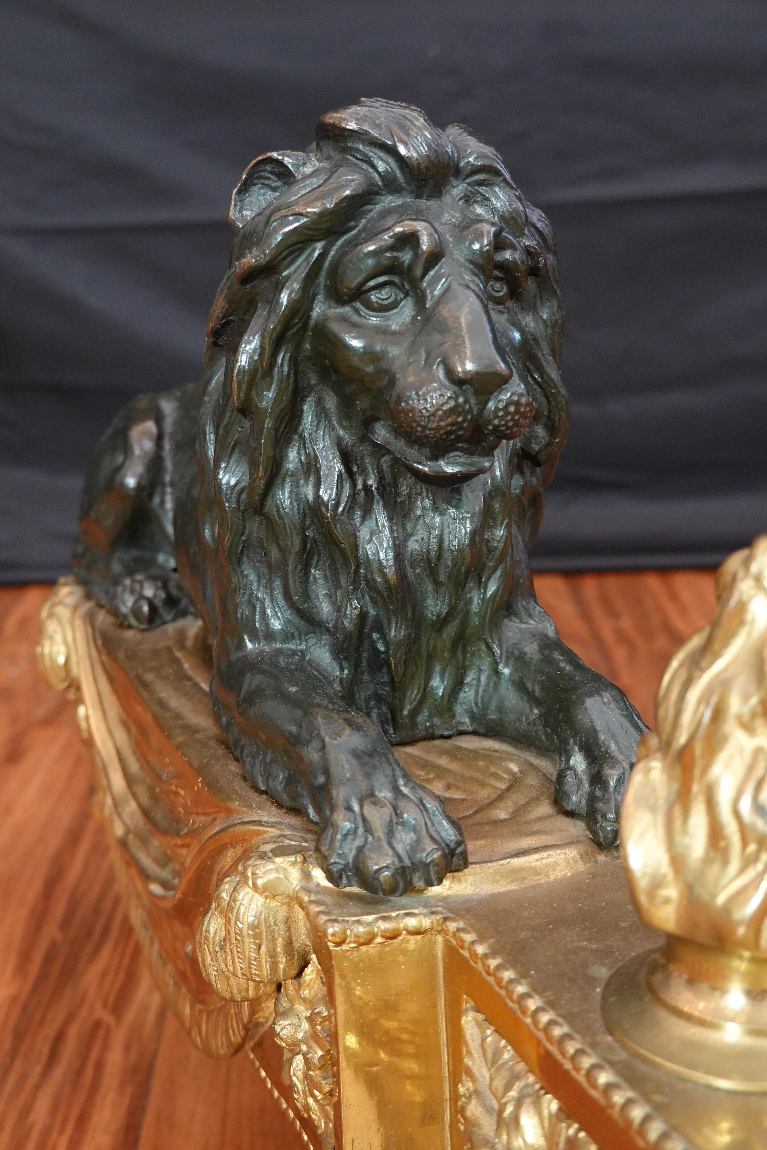 Pair of Louis XVI Style Gilt and Patinated Bronze Lion Chenets or Andirons 7