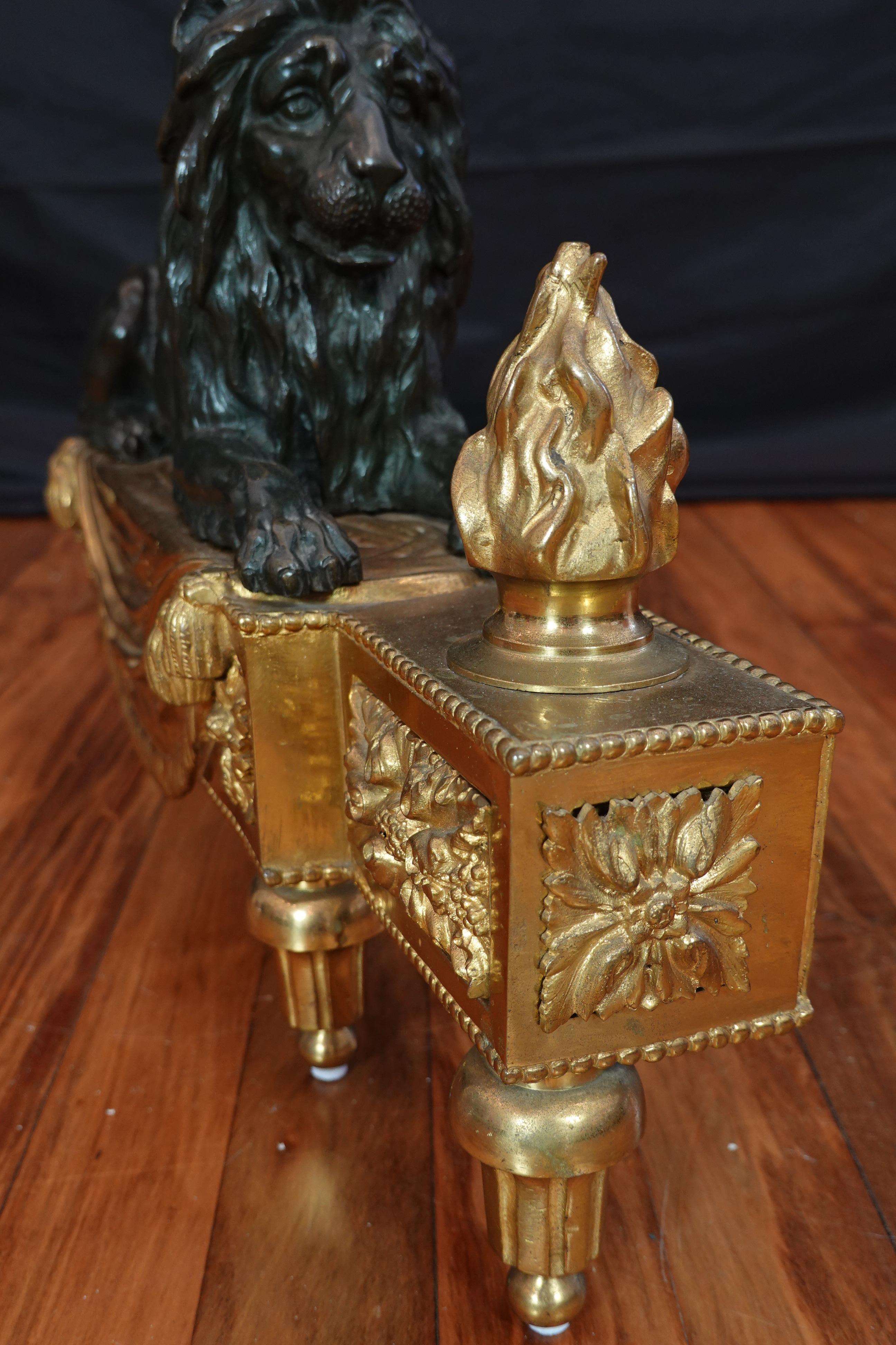 Pair of Louis XVI Style Gilt and Patinated Bronze Lion Chenets or Andirons 8