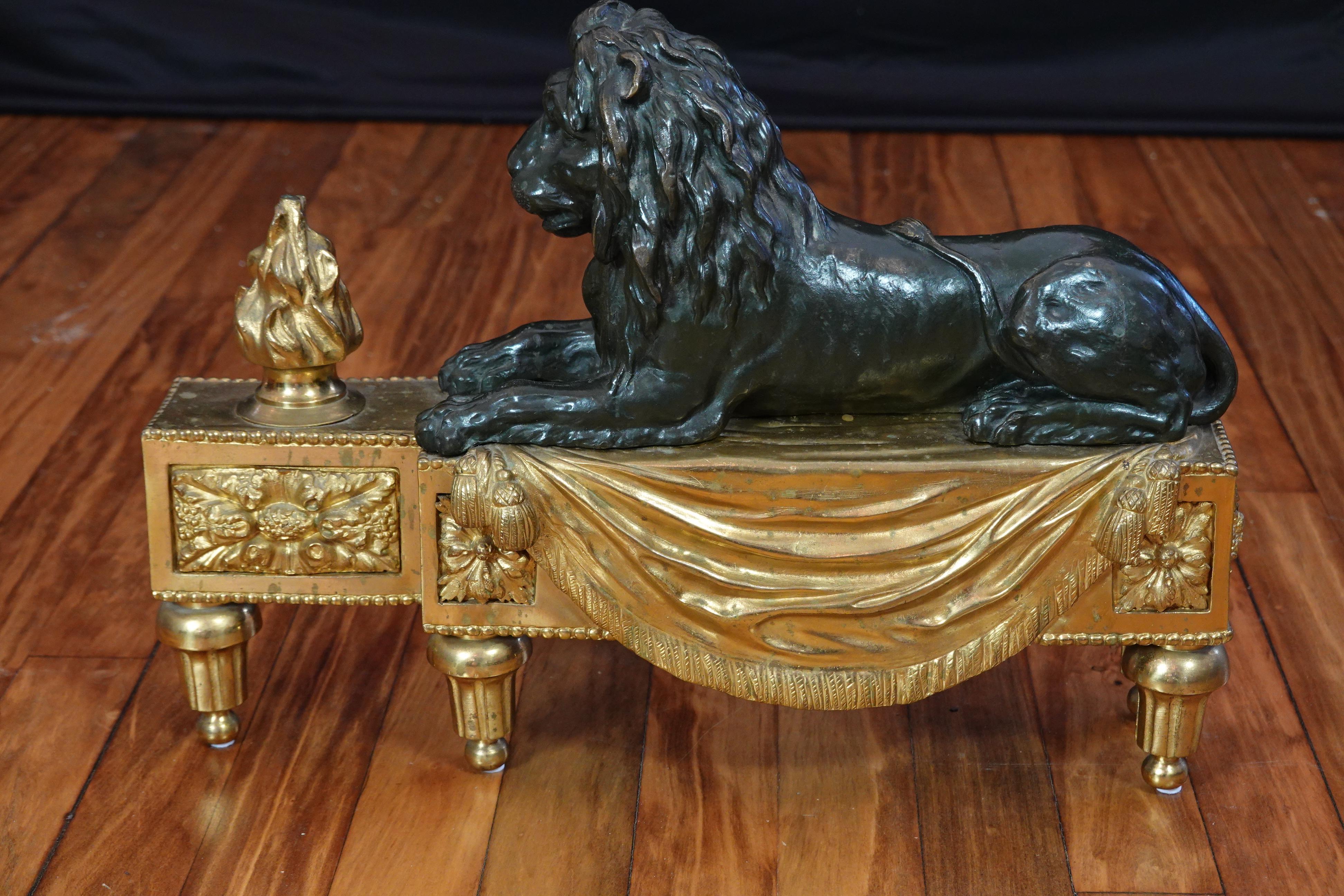 Pair of Louis XVI Style Gilt and Patinated Bronze Lion Chenets or Andirons 9