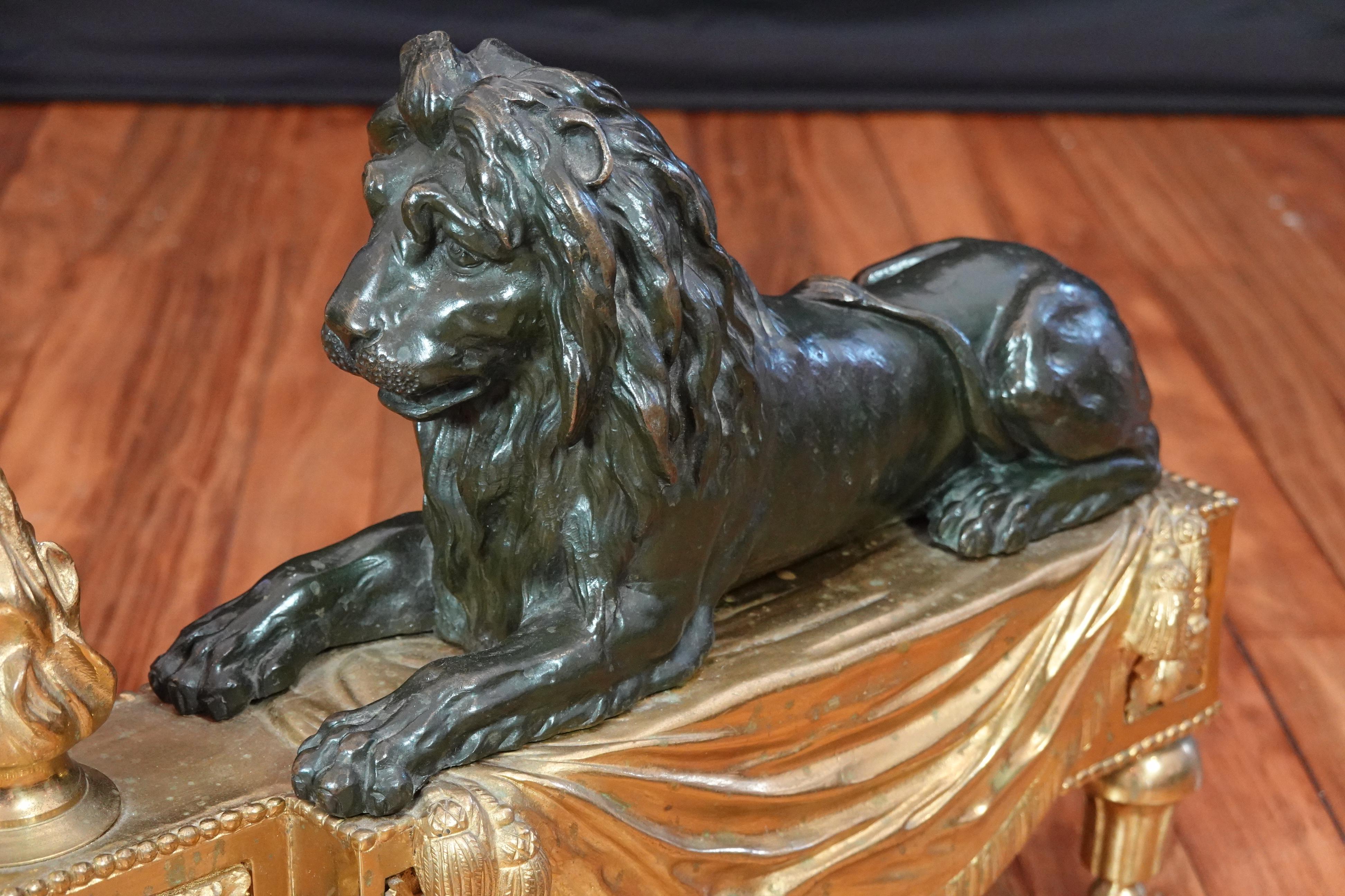 Pair of Louis XVI Style Gilt and Patinated Bronze Lion Chenets or Andirons 10