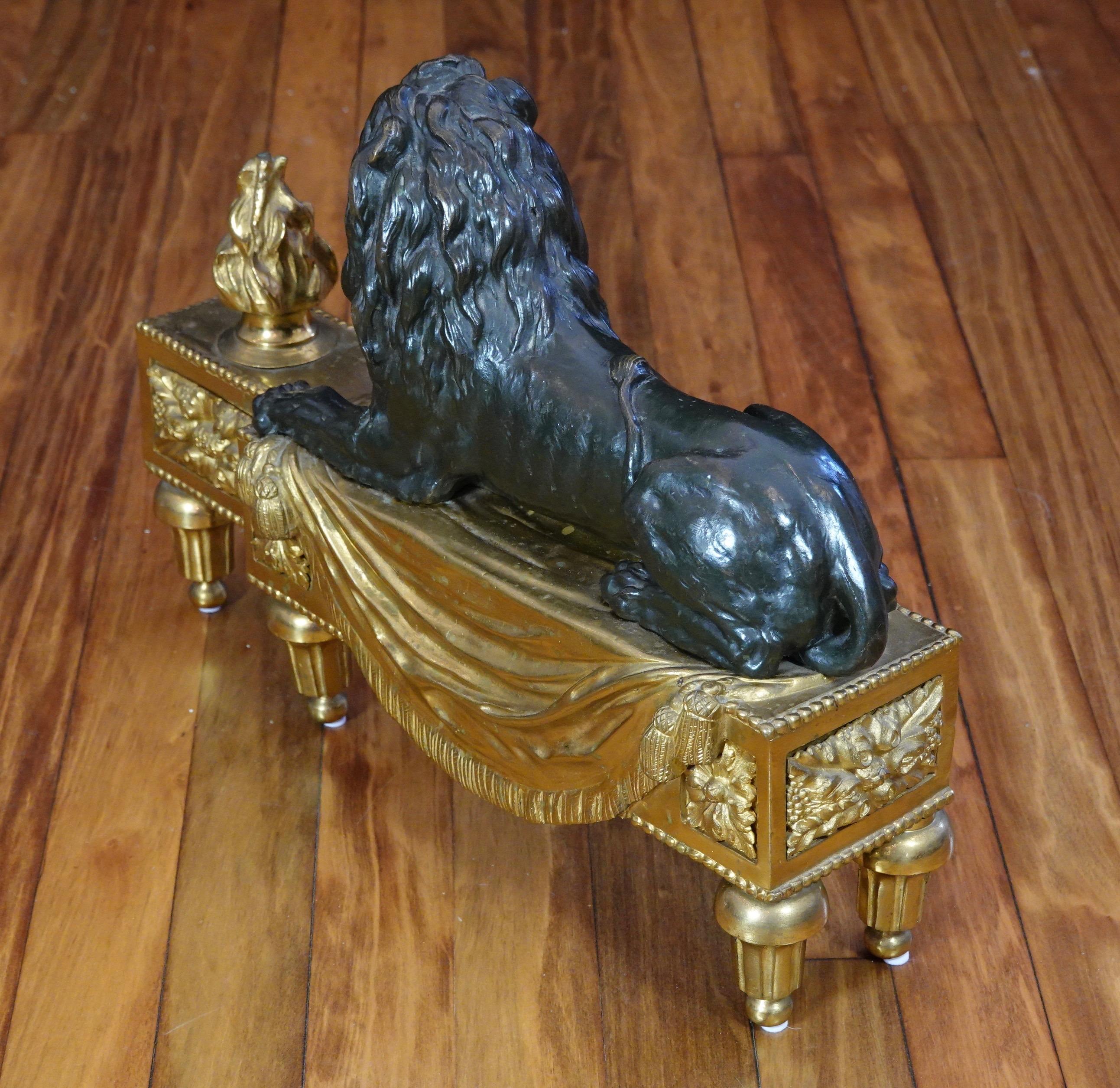 Pair of Louis XVI Style Gilt and Patinated Bronze Lion Chenets or Andirons 11