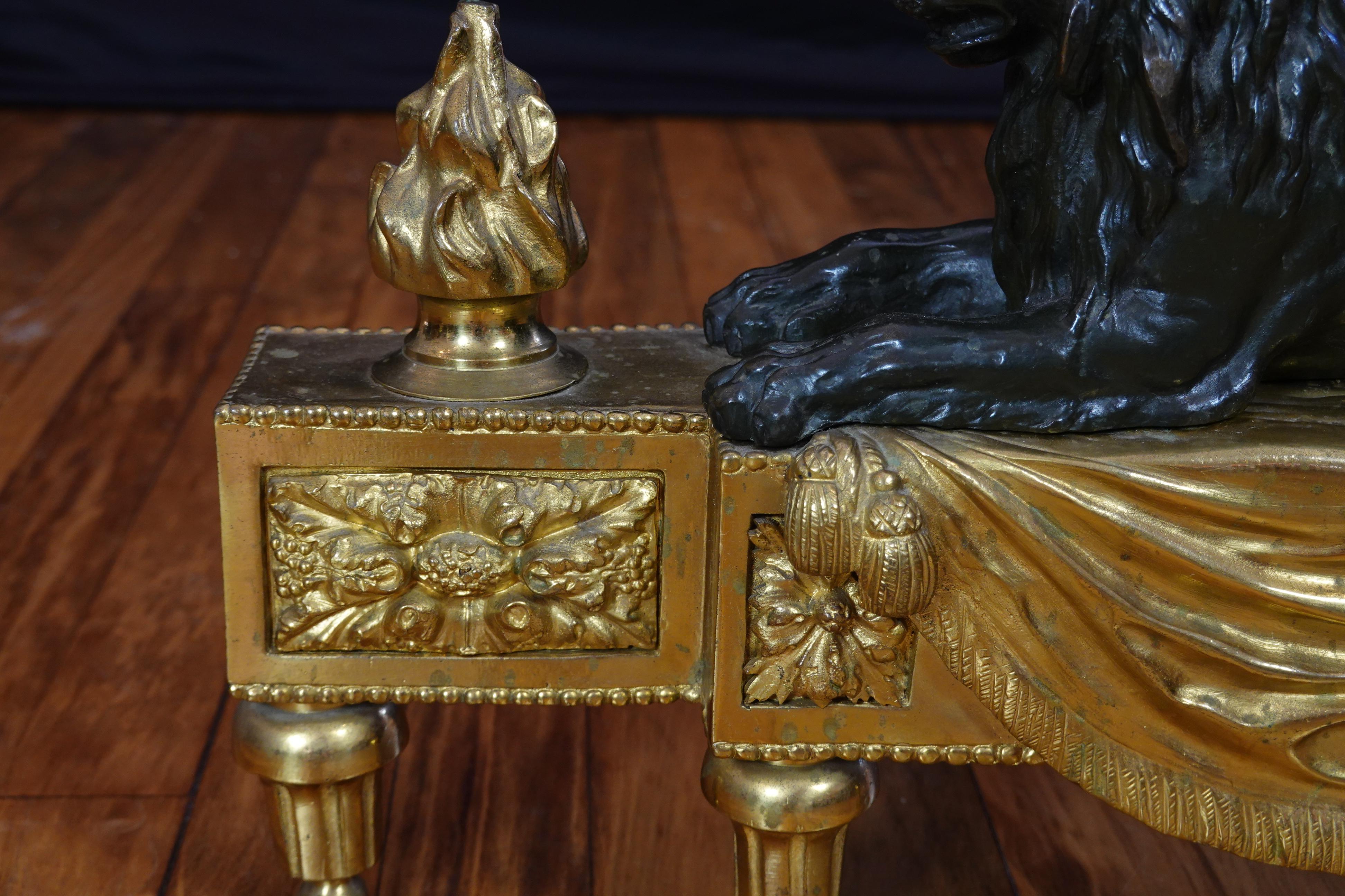 Pair of Louis XVI Style Gilt and Patinated Bronze Lion Chenets or Andirons 12