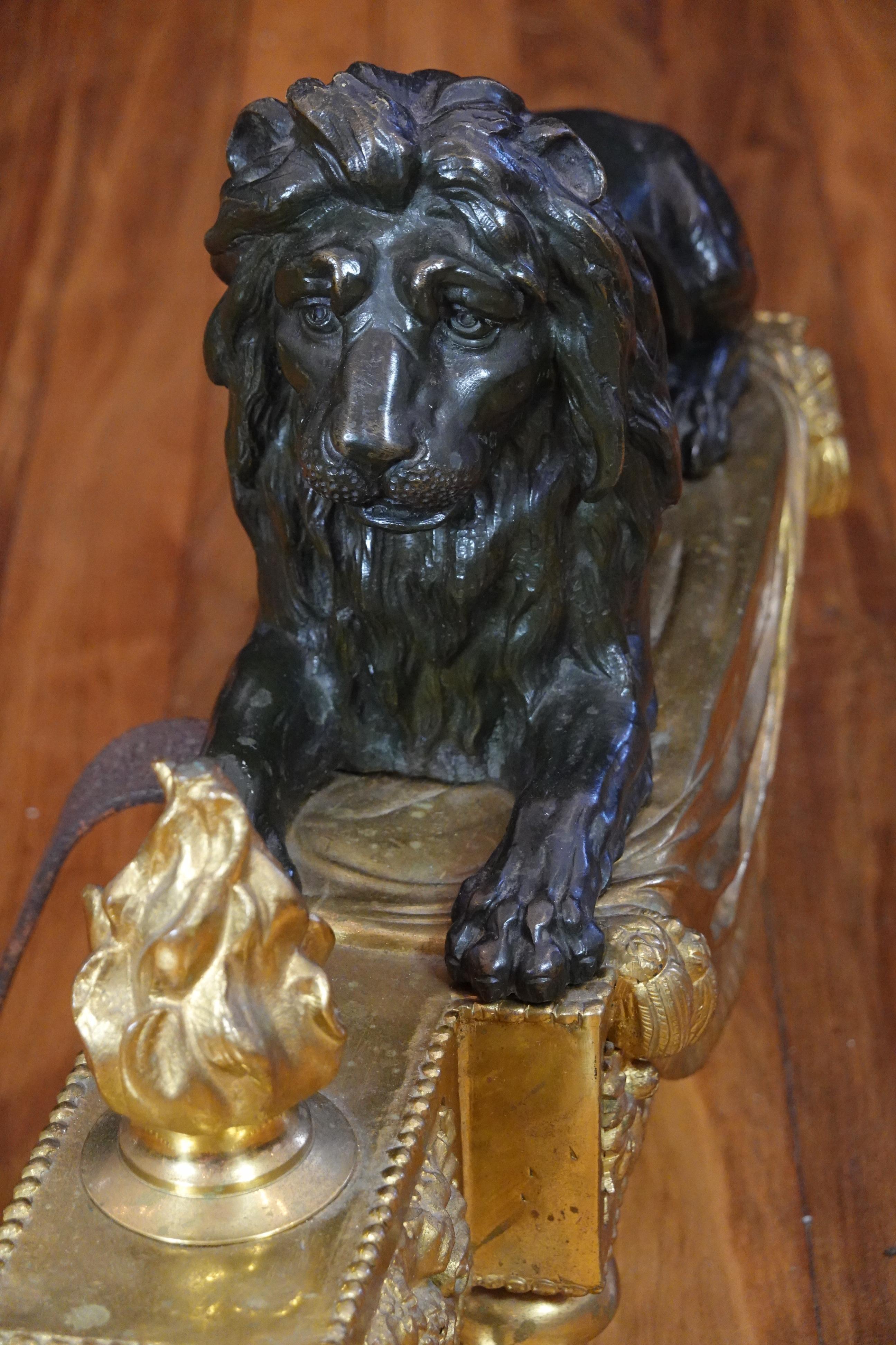 Pair of Louis XVI Style Gilt and Patinated Bronze Lion Chenets or Andirons 13