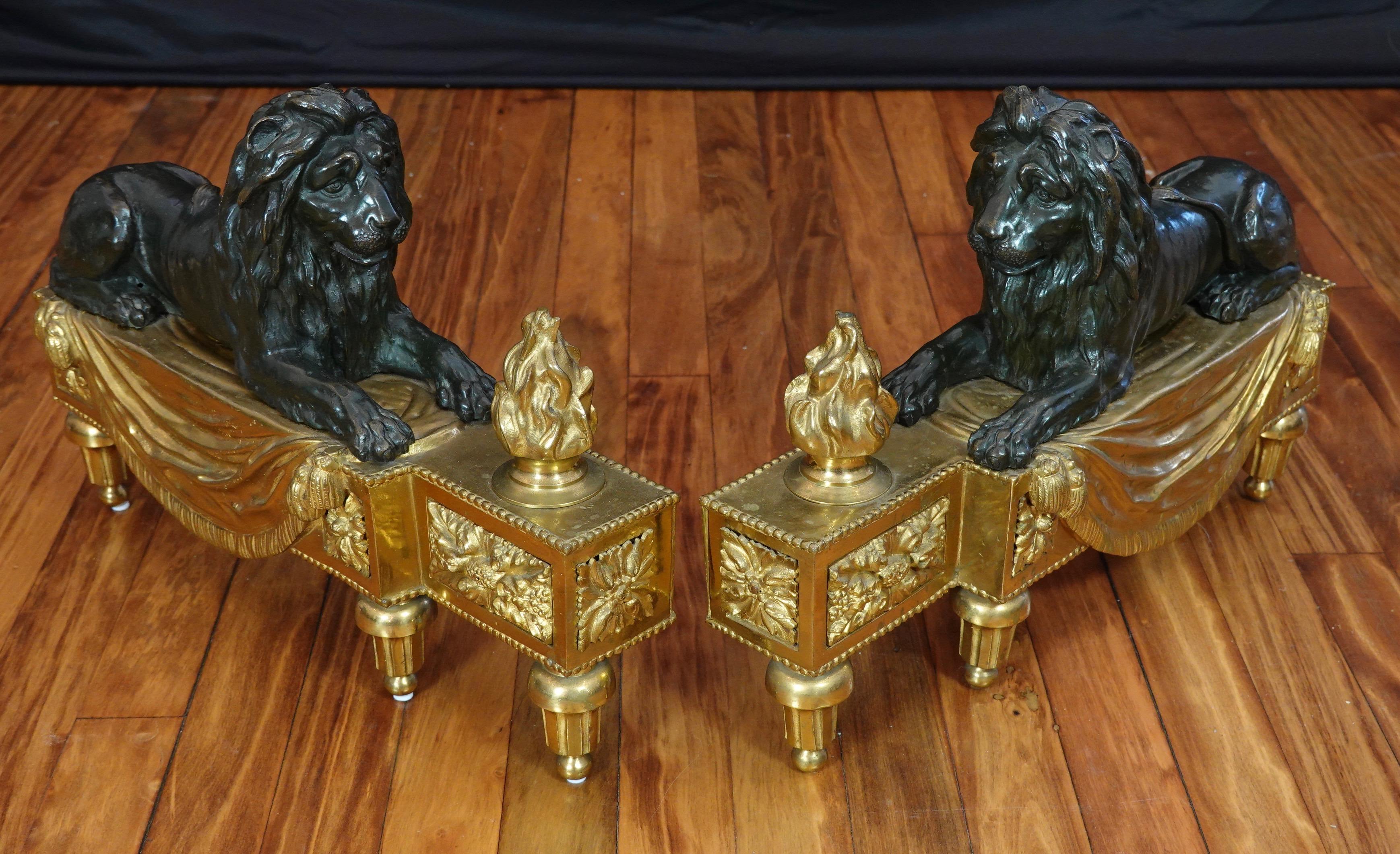 French Pair of Louis XVI Style Gilt and Patinated Bronze Lion Chenets or Andirons