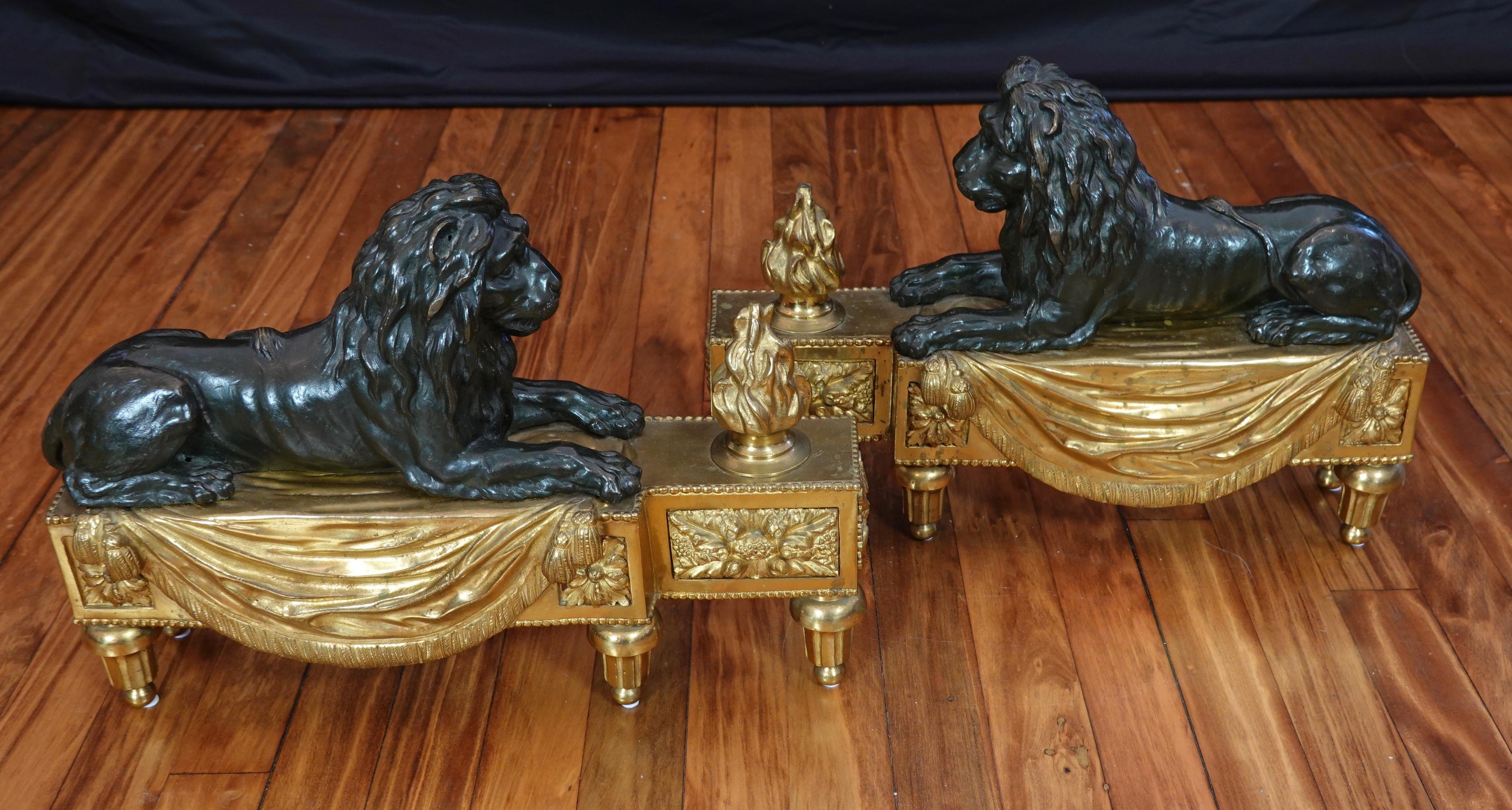 Pair of Louis XVI Style Gilt and Patinated Bronze Lion Chenets or Andirons In Good Condition In Pembroke, MA