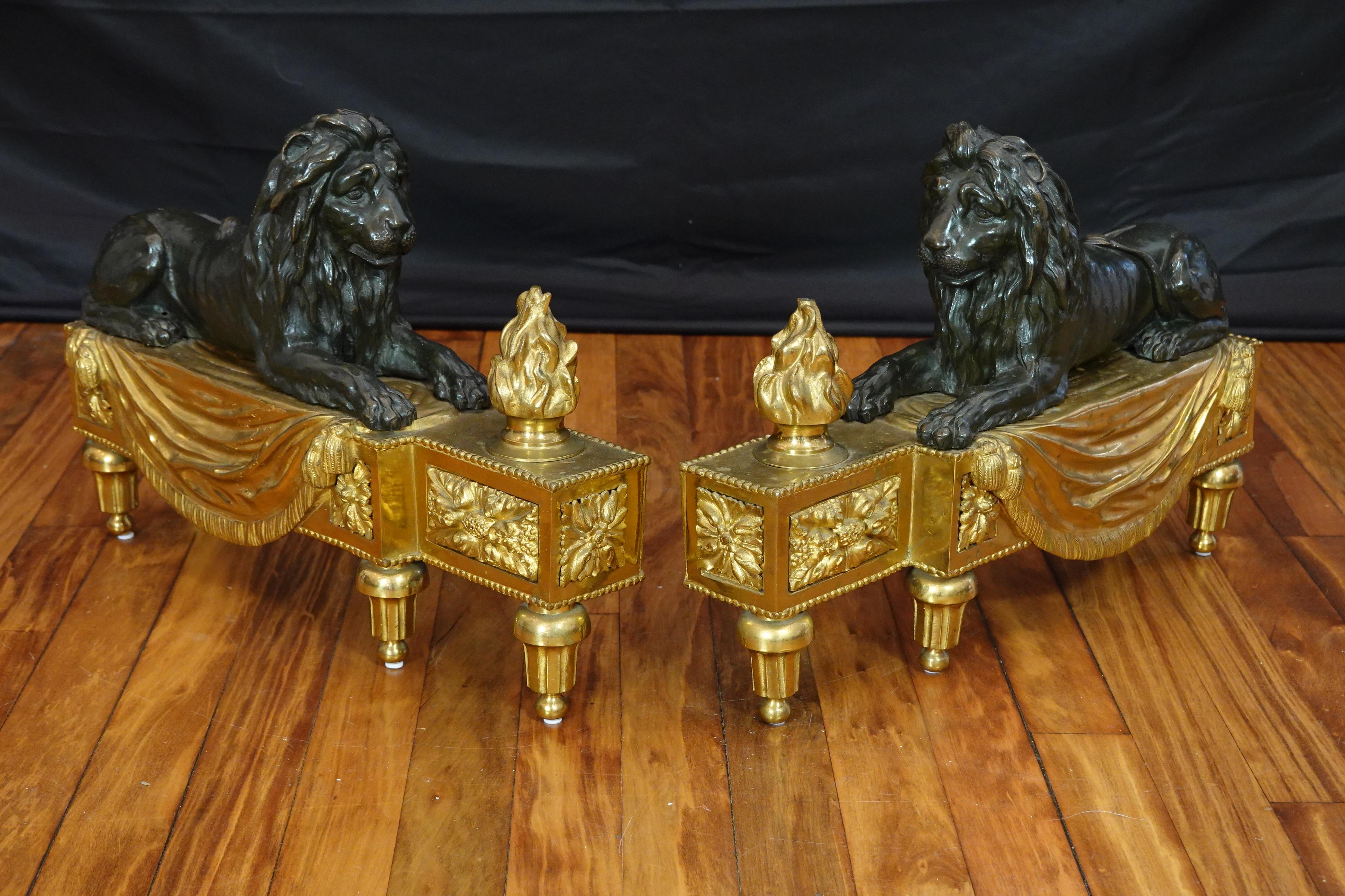 19th Century Pair of Louis XVI Style Gilt and Patinated Bronze Lion Chenets or Andirons