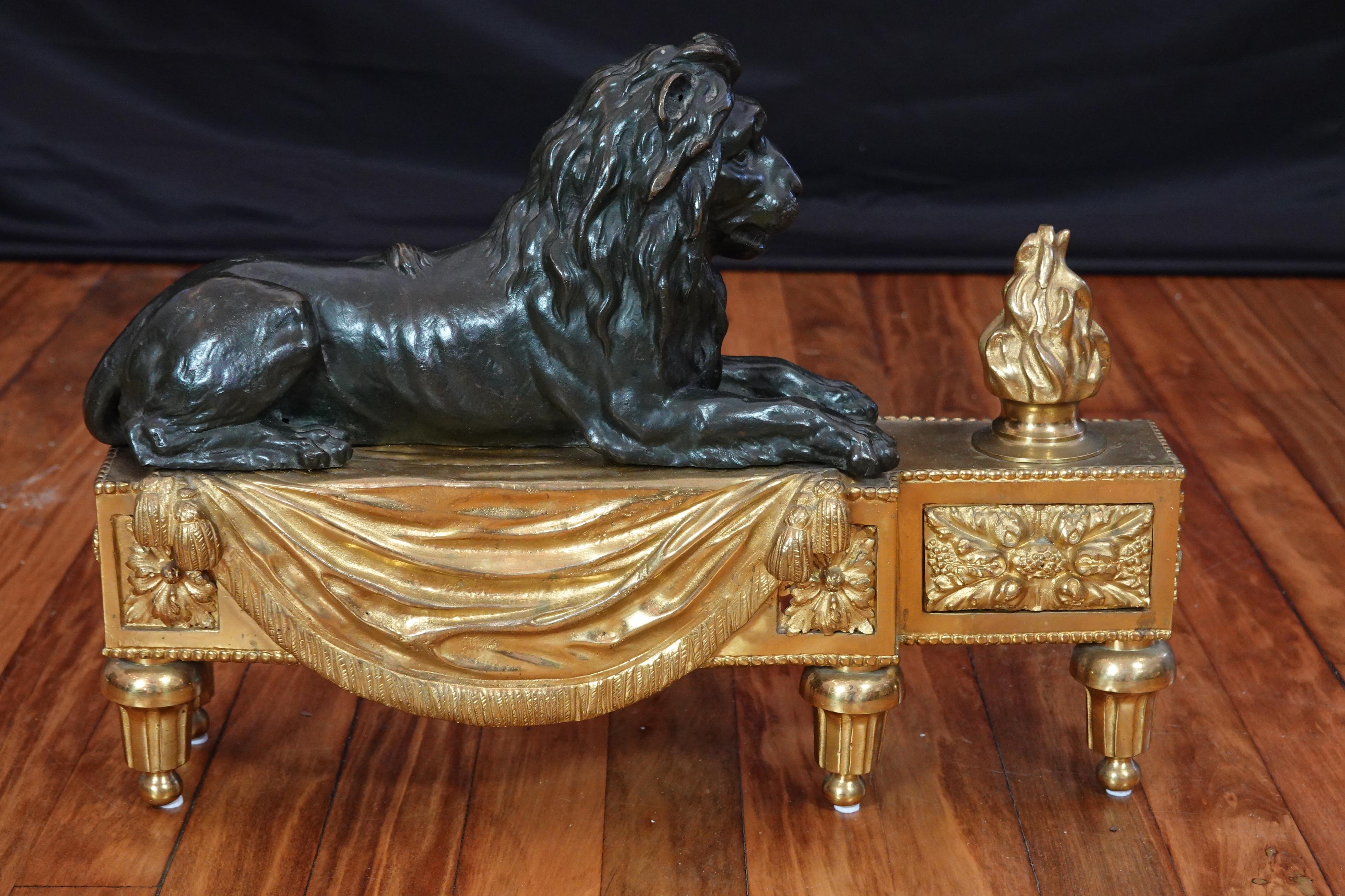 Ormolu Pair of Louis XVI Style Gilt and Patinated Bronze Lion Chenets or Andirons