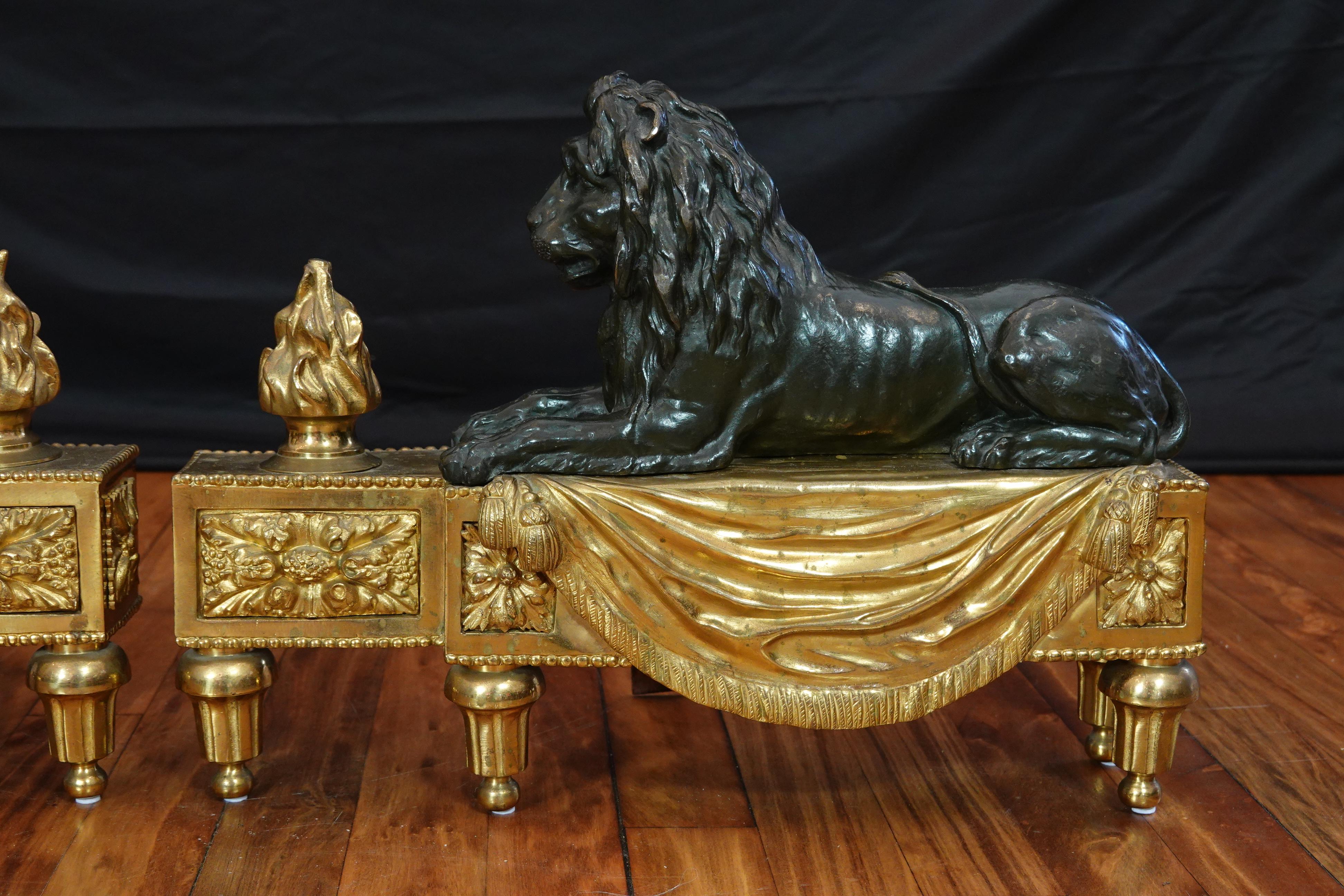 Pair of Louis XVI Style Gilt and Patinated Bronze Lion Chenets or Andirons 1