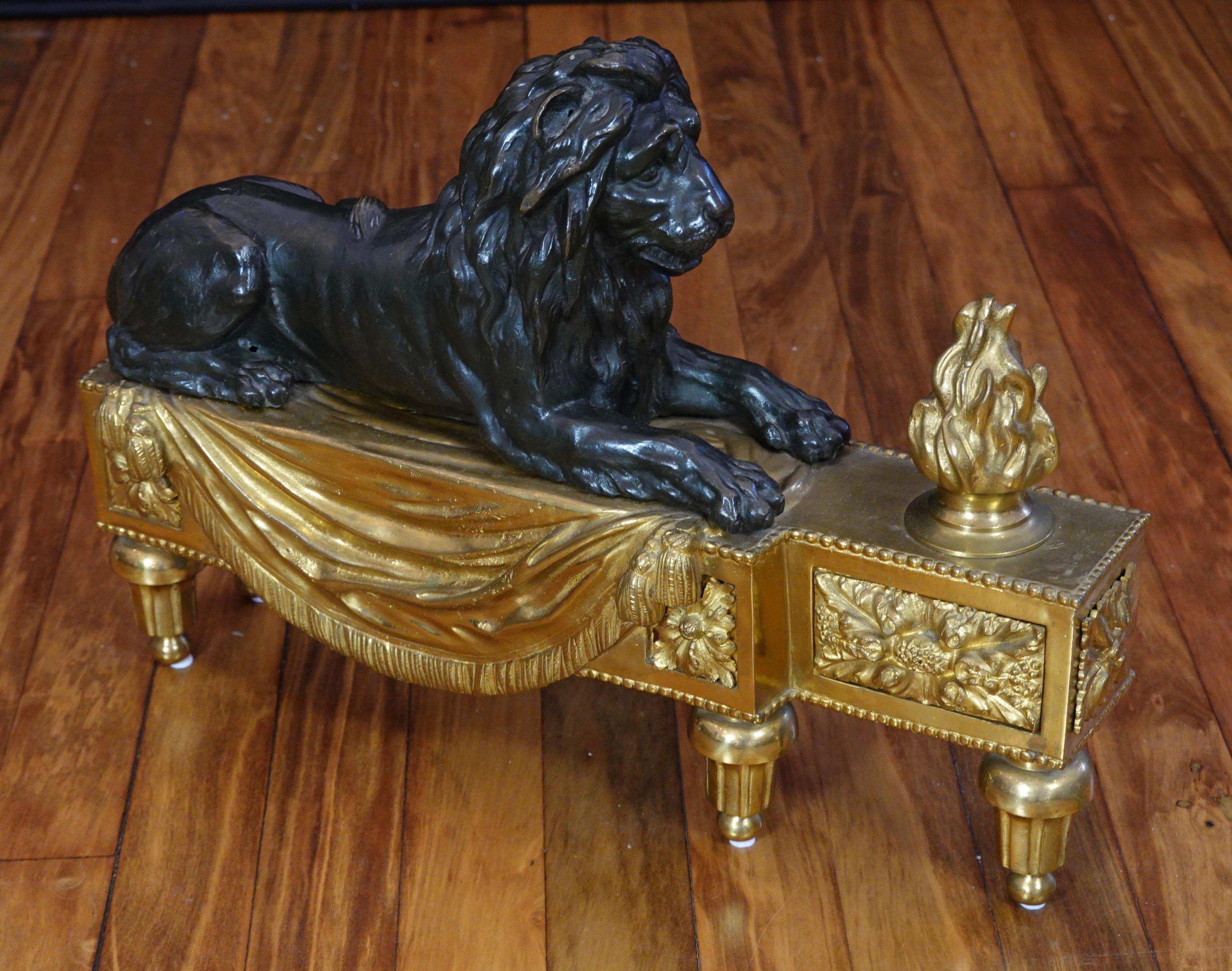 Pair of Louis XVI Style Gilt and Patinated Bronze Lion Chenets or Andirons 2