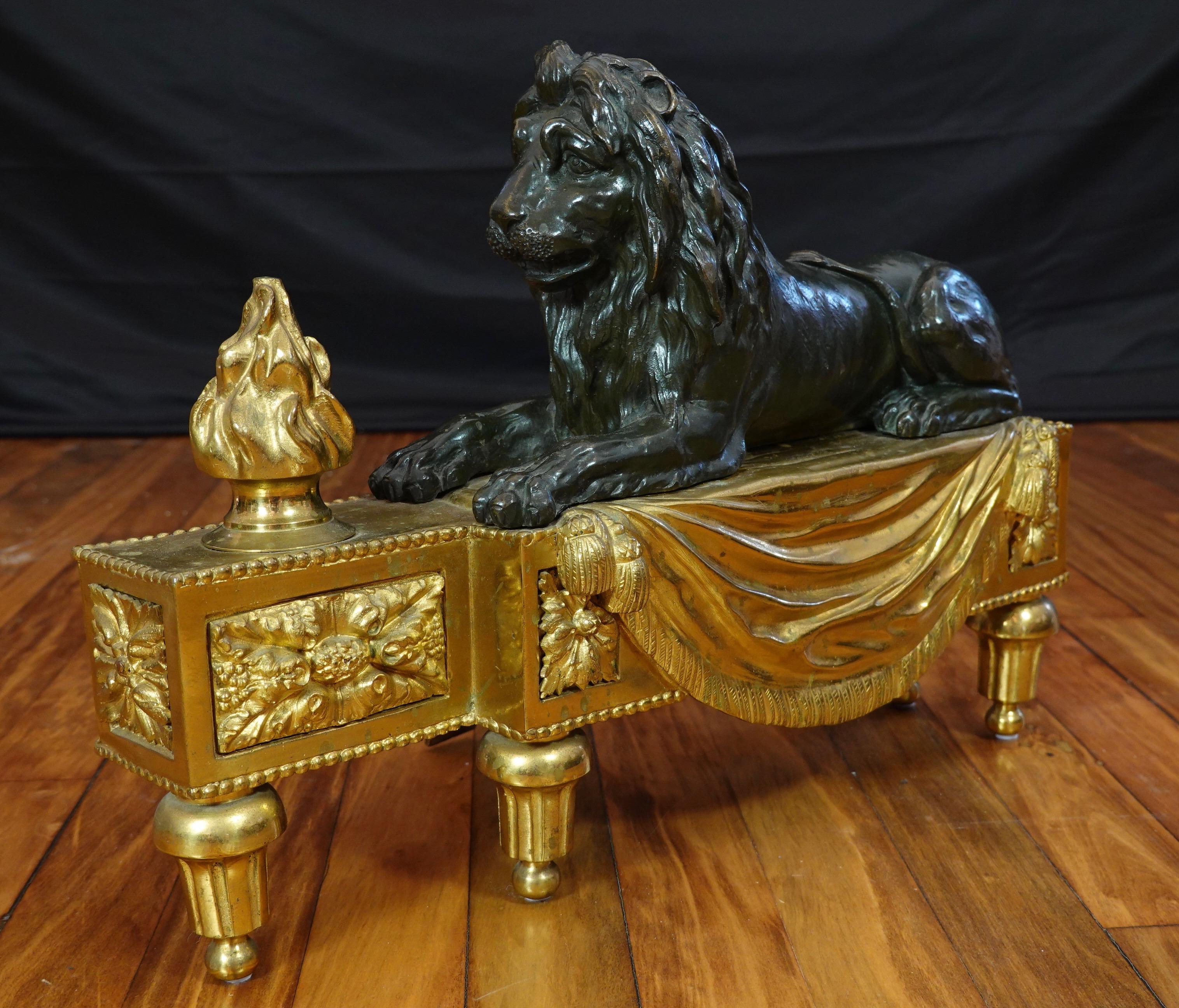 Pair of Louis XVI Style Gilt and Patinated Bronze Lion Chenets or Andirons 3