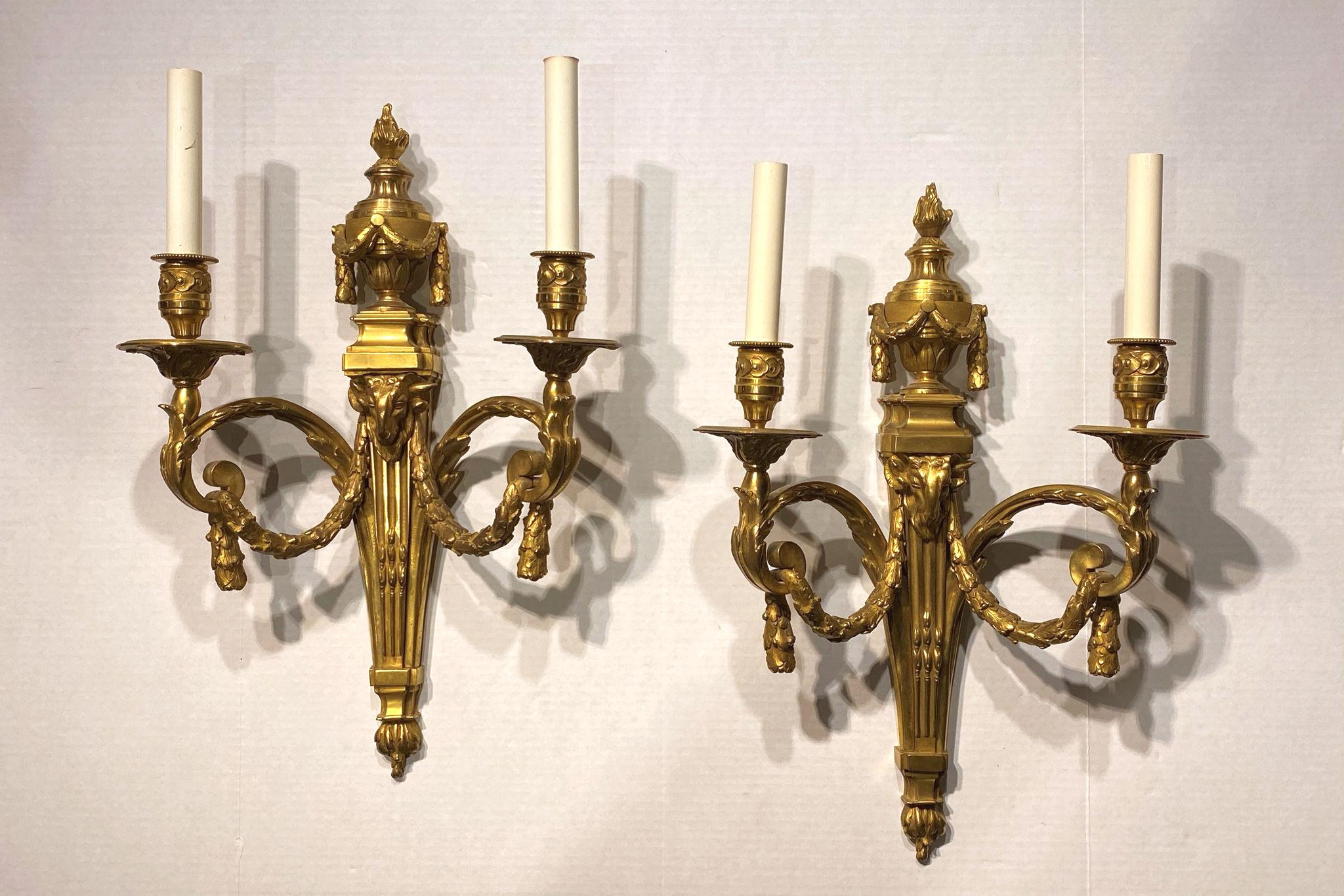 French Pair of Louis XVI Style Gilt Bronze 2-Light Sconces For Sale