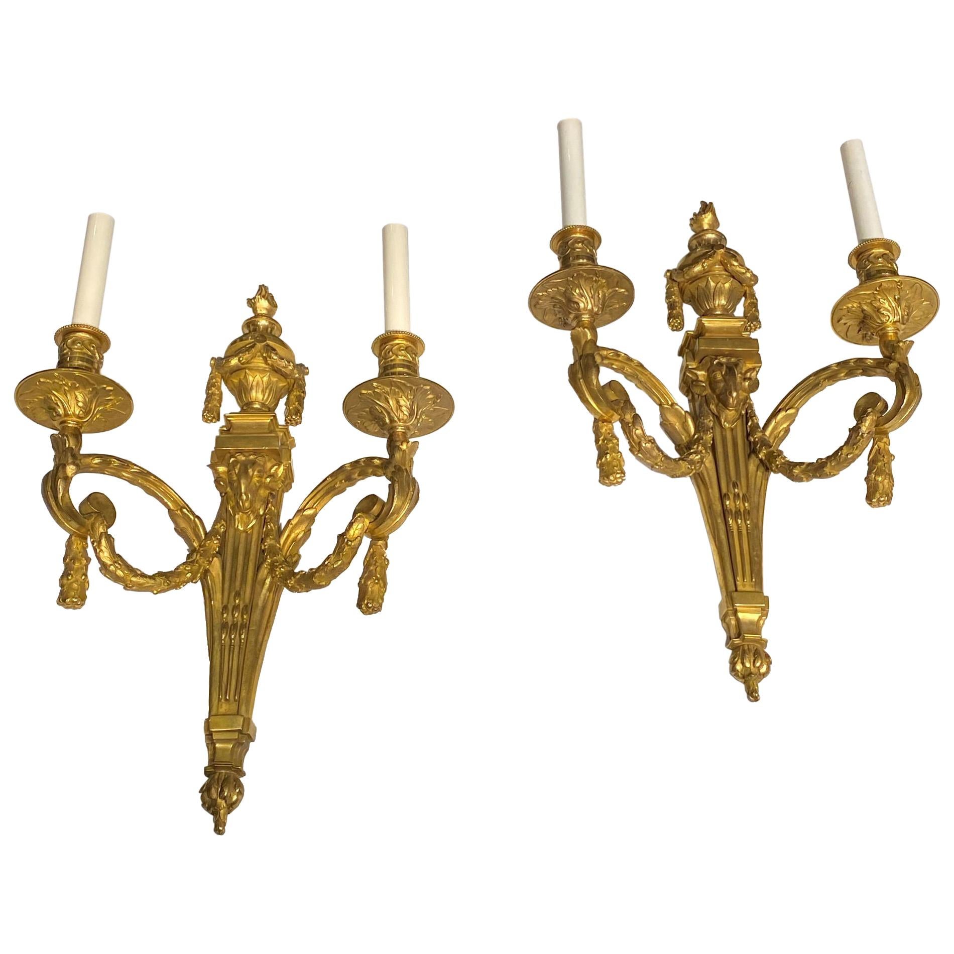 Pair of Louis XVI Style Gilt Bronze 2-Light Sconces For Sale