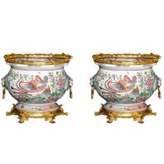 Pair of Louis XVI Style Gilt Bronze and Chinese Export Porcelain Jardinières
