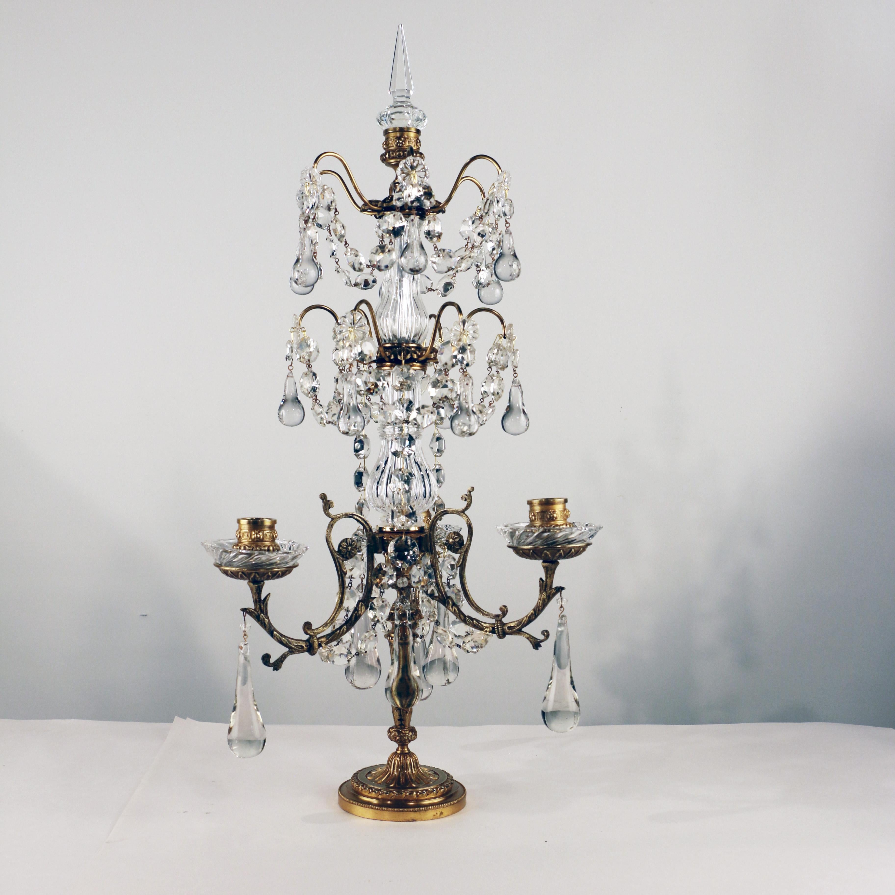 French Pair of Louis XVI Style Gilt Bronze and Lead Crystal Three Light Girandoles