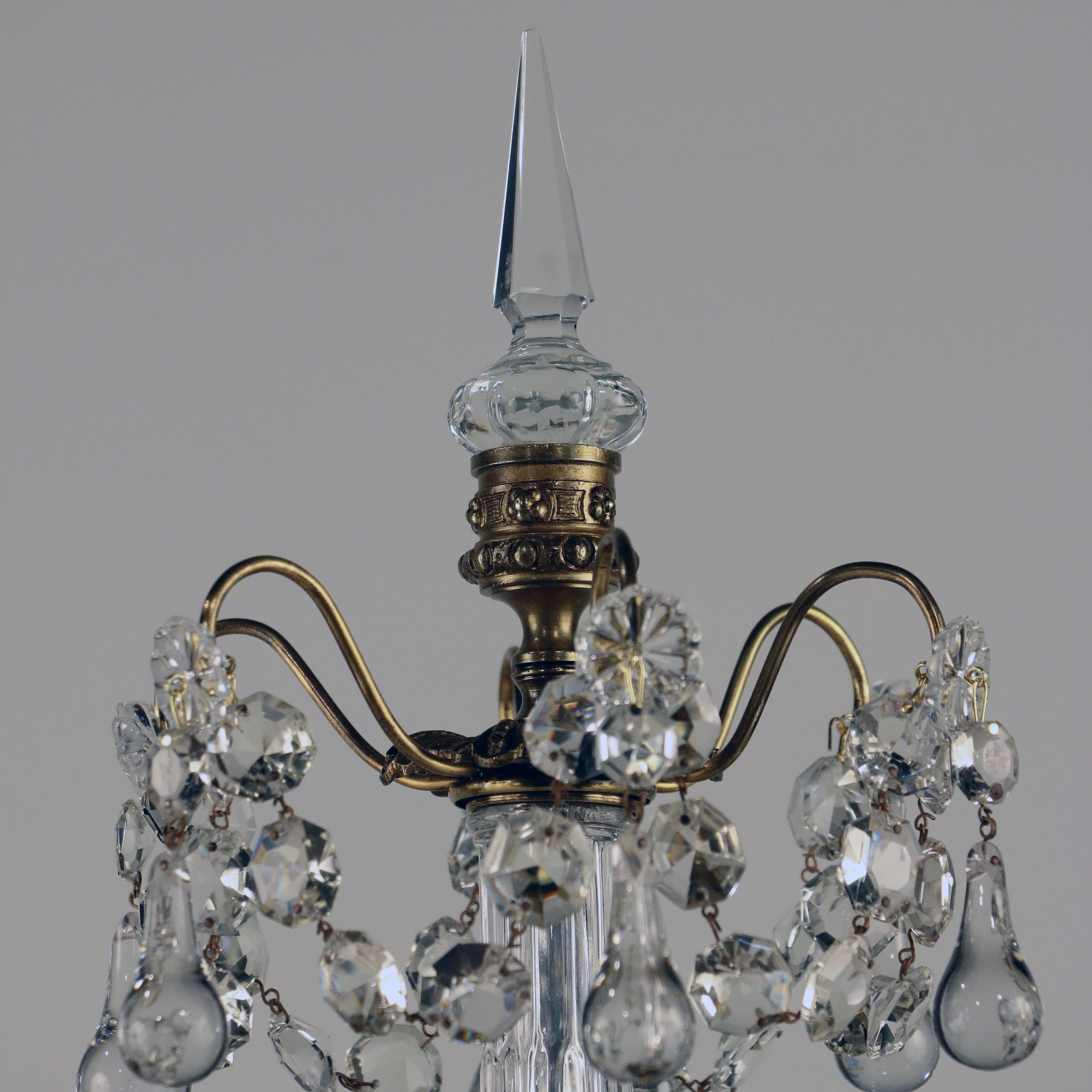 Pair of Louis XVI Style Gilt Bronze and Lead Crystal Three Light Girandoles In Good Condition In Montreal, QC