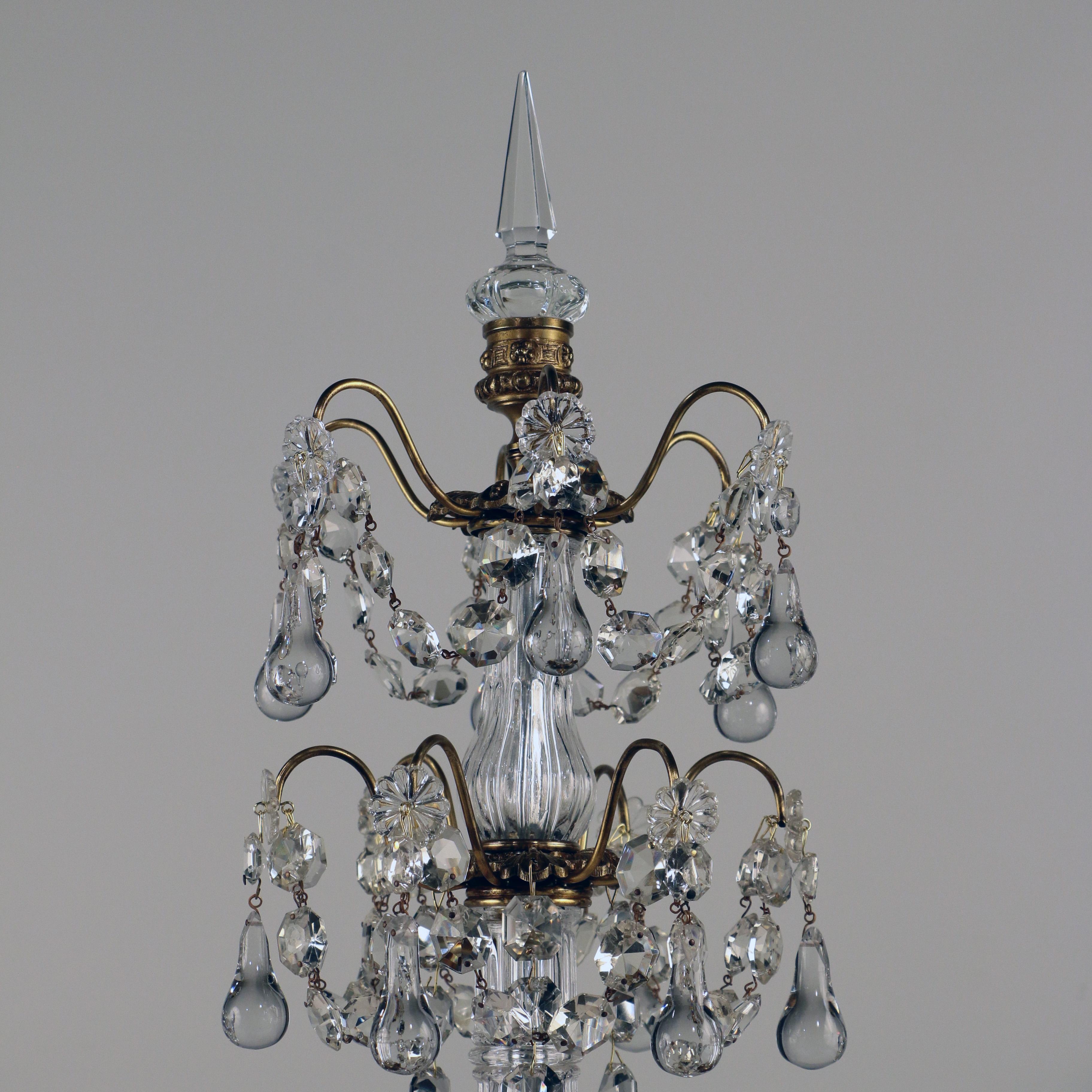 19th Century Pair of Louis XVI Style Gilt Bronze and Lead Crystal Three Light Girandoles