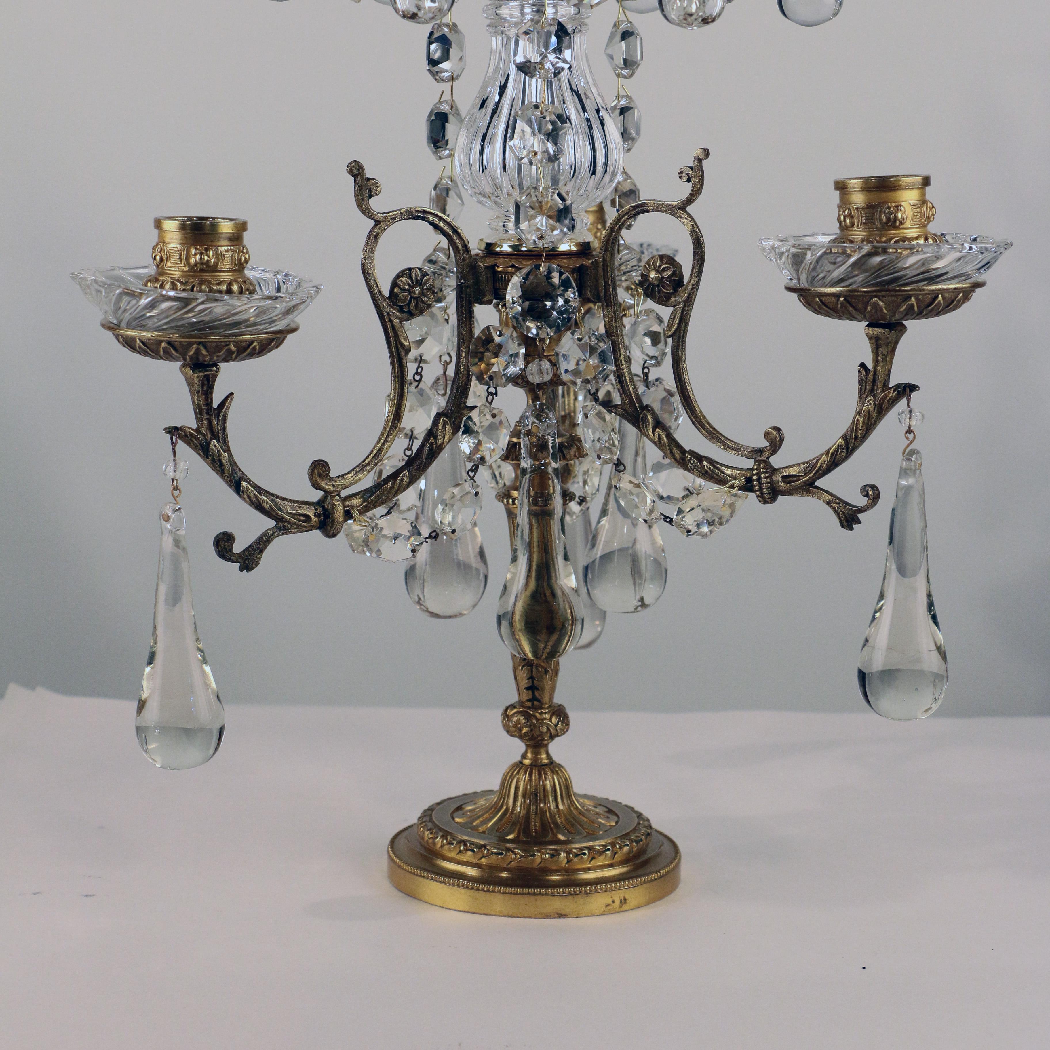 Pair of Louis XVI Style Gilt Bronze and Lead Crystal Three Light Girandoles 1