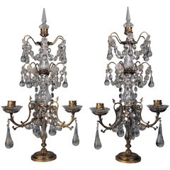 Pair of Louis XVI Style Gilt Bronze and Lead Crystal Three Light Girandoles