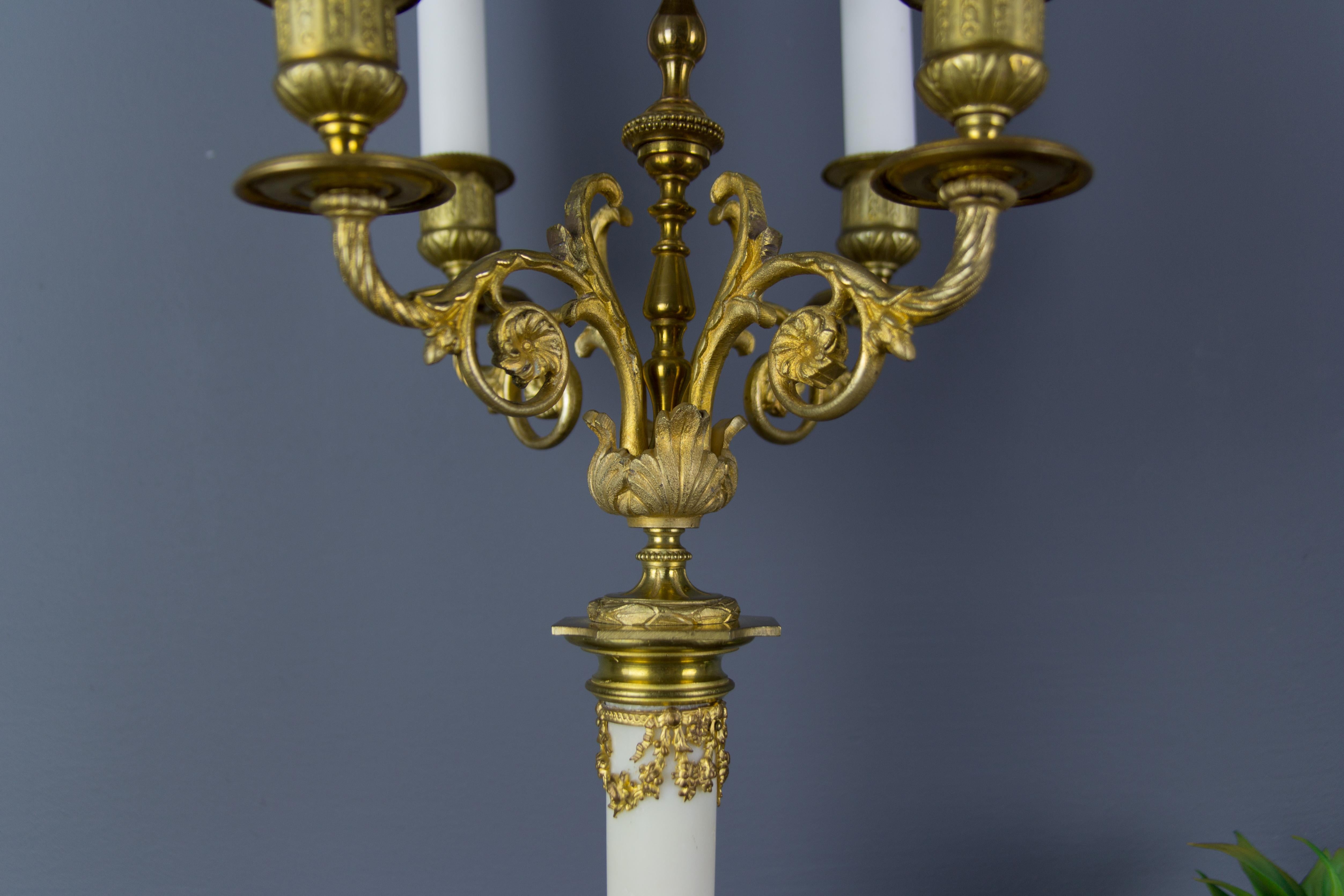 Pair of Louis XVI Style Gilt Bronze and White Marble Five-Light Candelabras 5