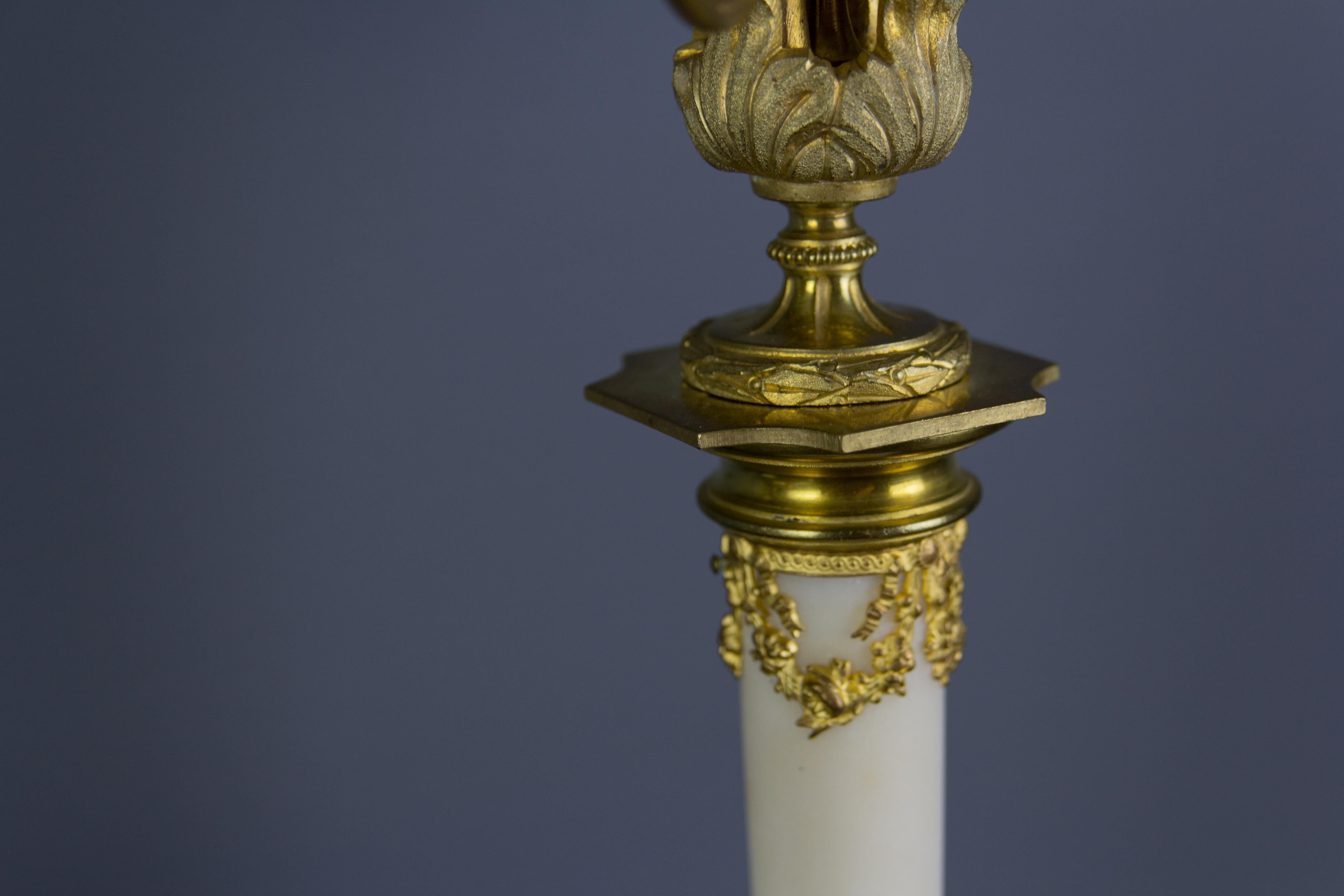 Pair of Louis XVI Style Gilt Bronze and White Marble Five-Light Candelabras 6
