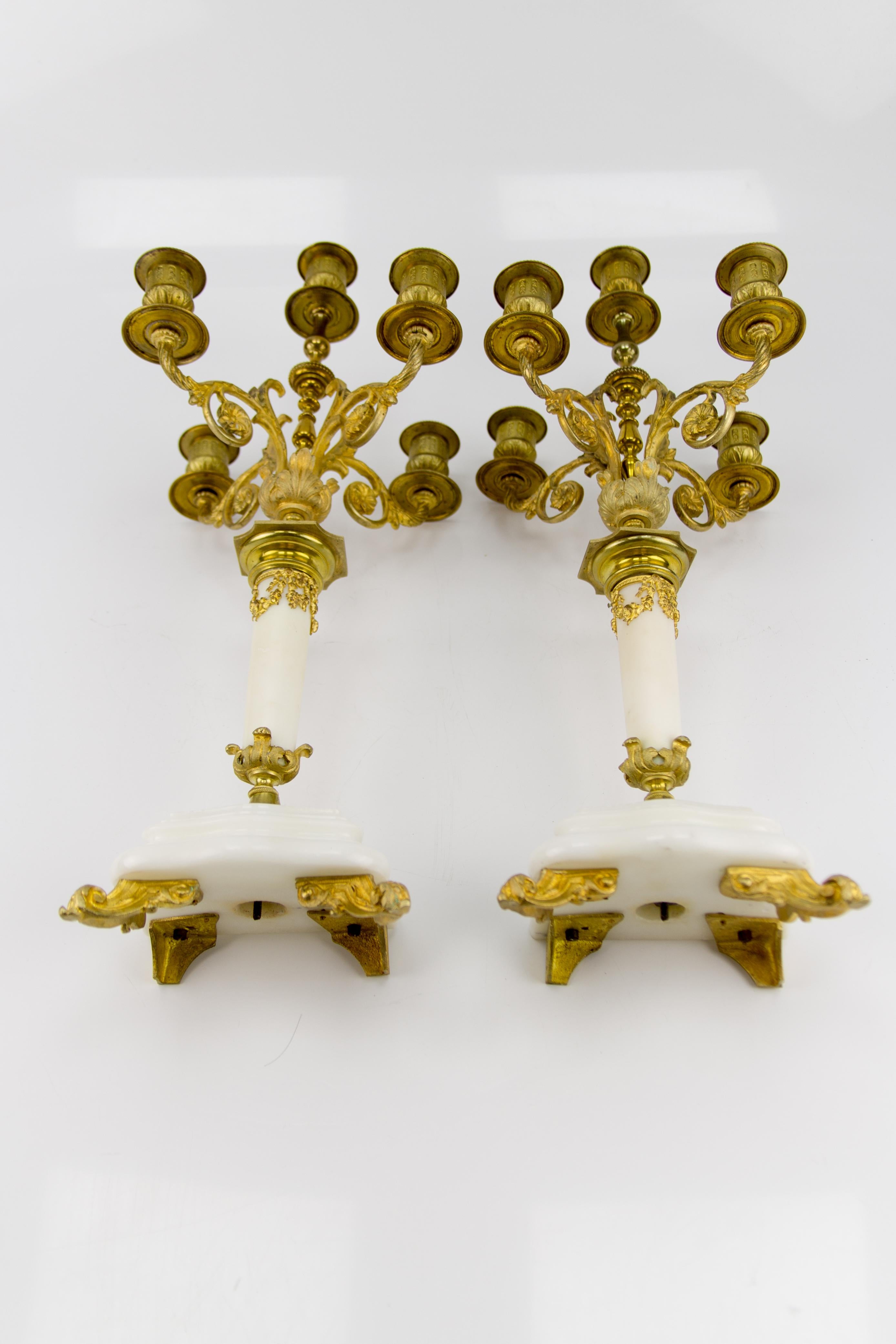 Pair of Louis XVI Style Gilt Bronze and White Marble Five-Light Candelabras 8
