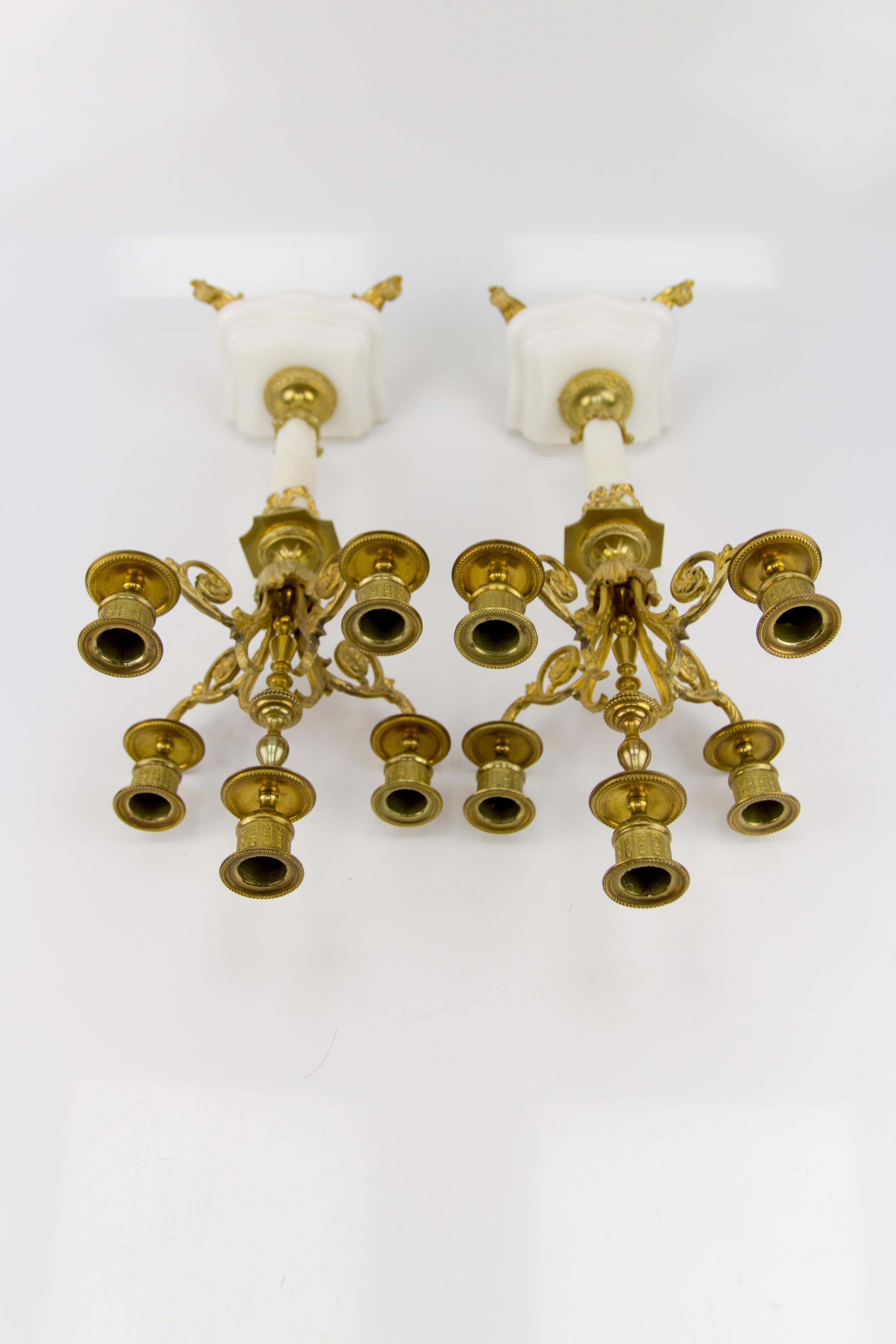 Pair of Louis XVI Style Gilt Bronze and White Marble Five-Light Candelabras 12