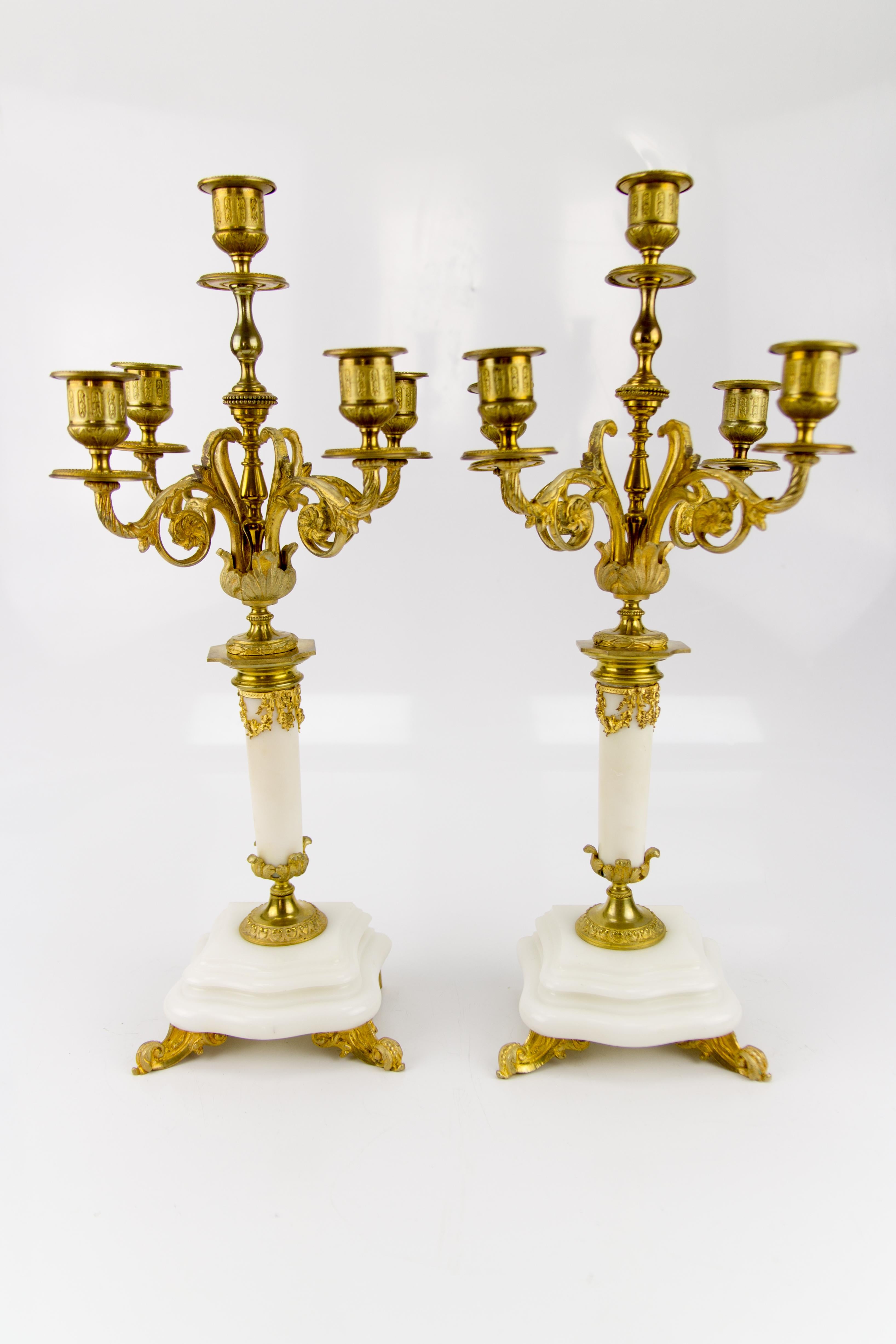 Pair of Louis XVI Style Gilt Bronze and White Marble Five-Light Candelabras 13