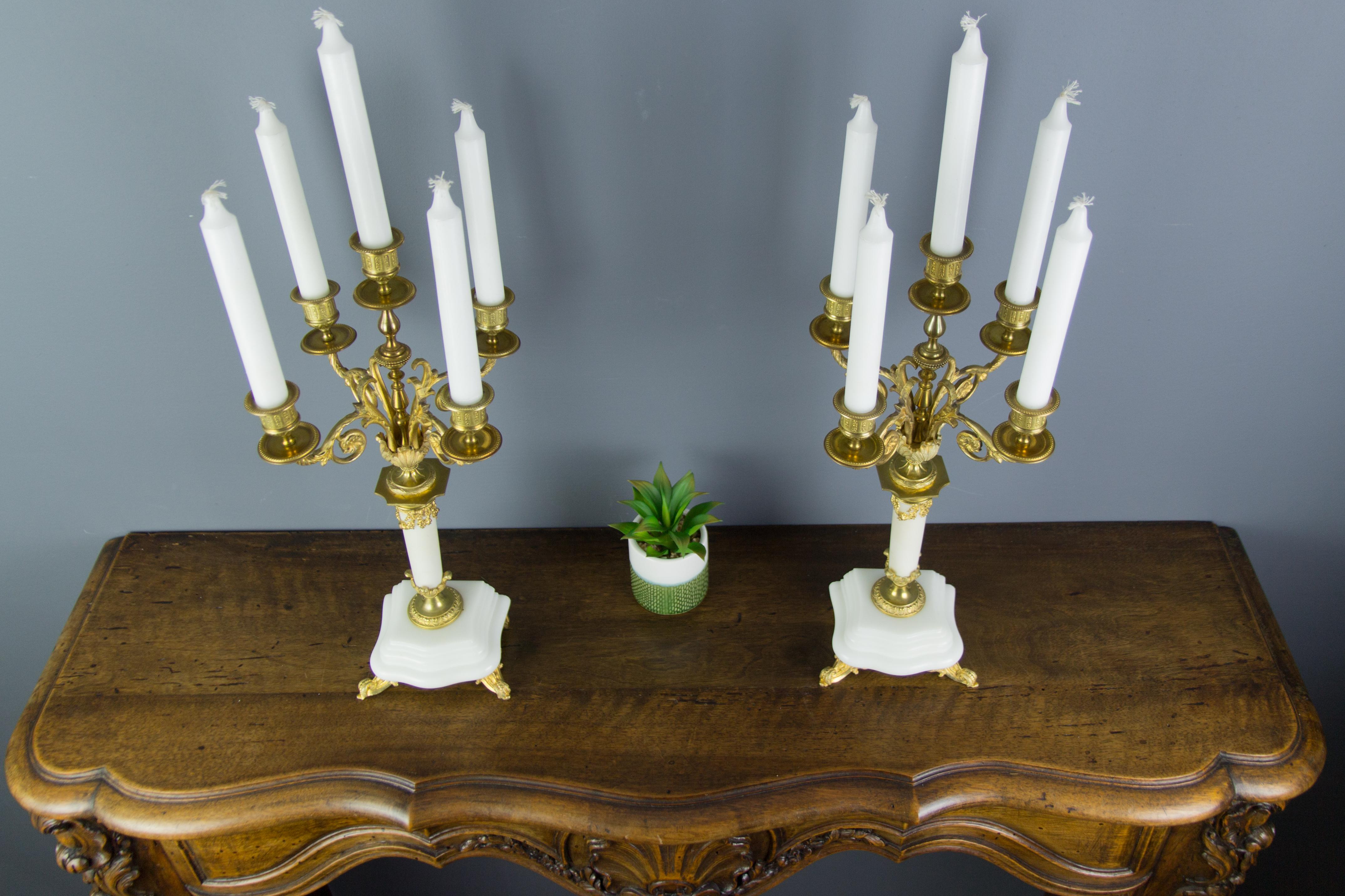 Pair of Louis XVI Style Gilt Bronze and White Marble Five-Light Candelabras 15