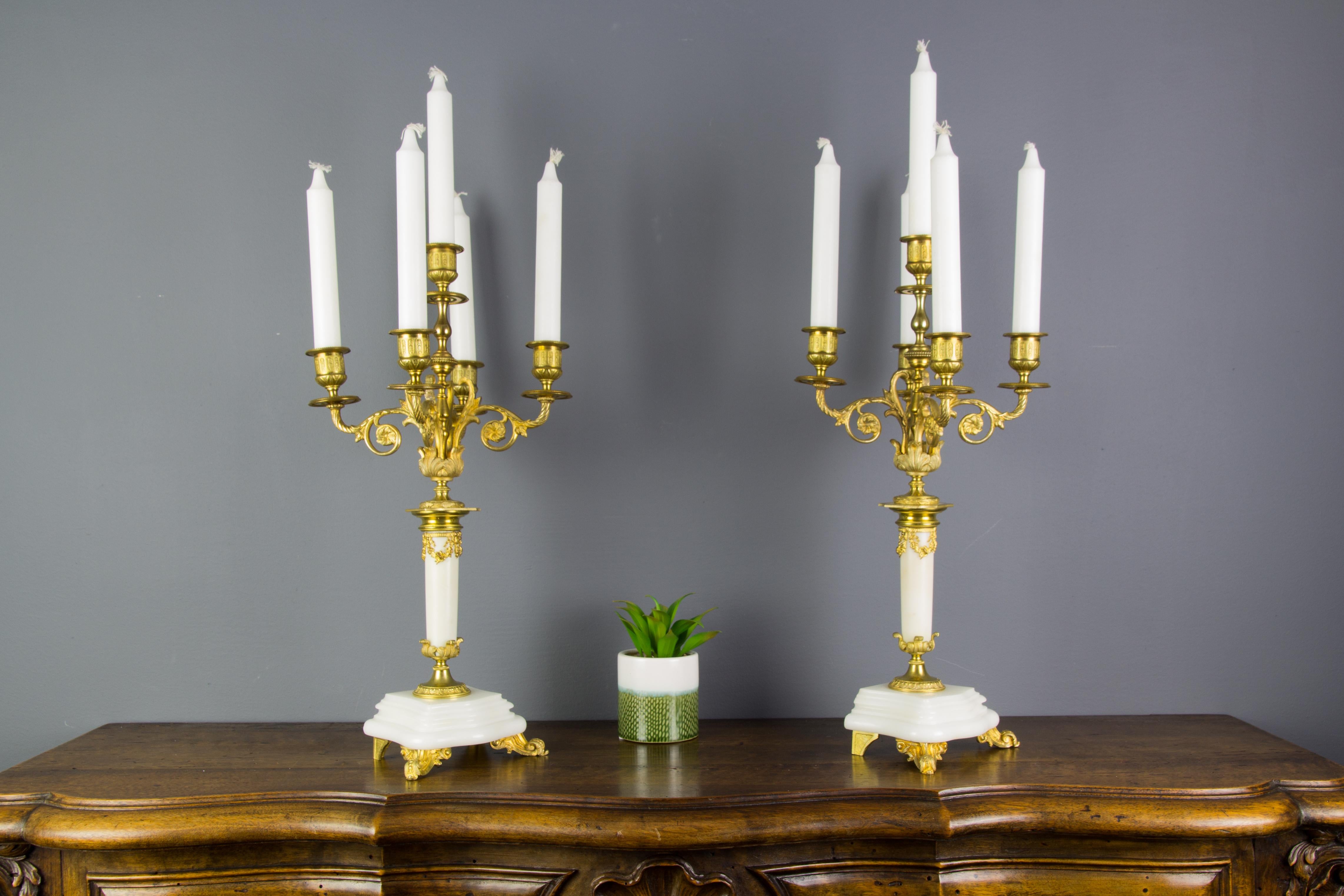 French Pair of Louis XVI Style Gilt Bronze and White Marble Five-Light Candelabras