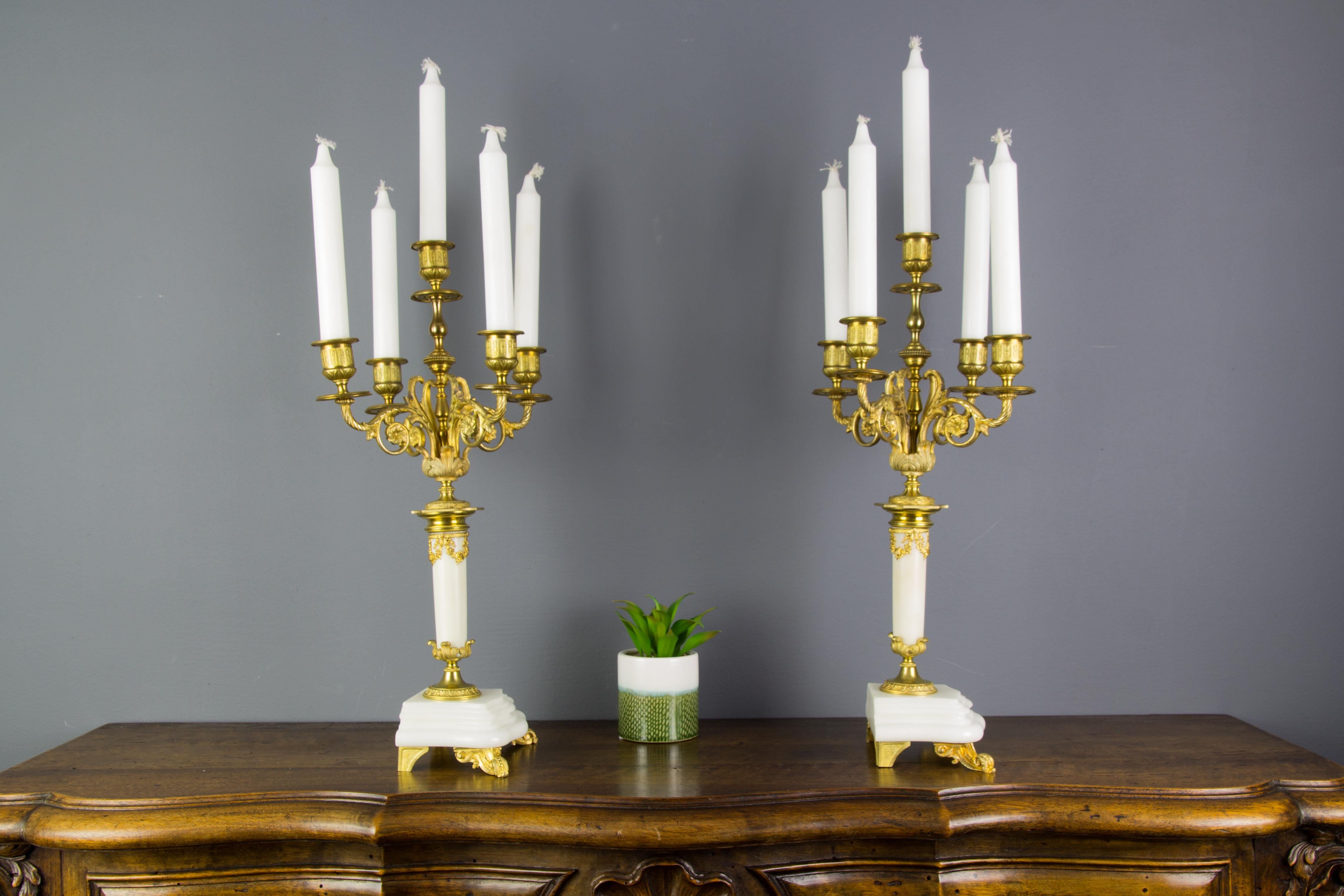 Pair of Louis XVI Style Gilt Bronze and White Marble Five-Light Candelabras In Good Condition In Barntrup, DE