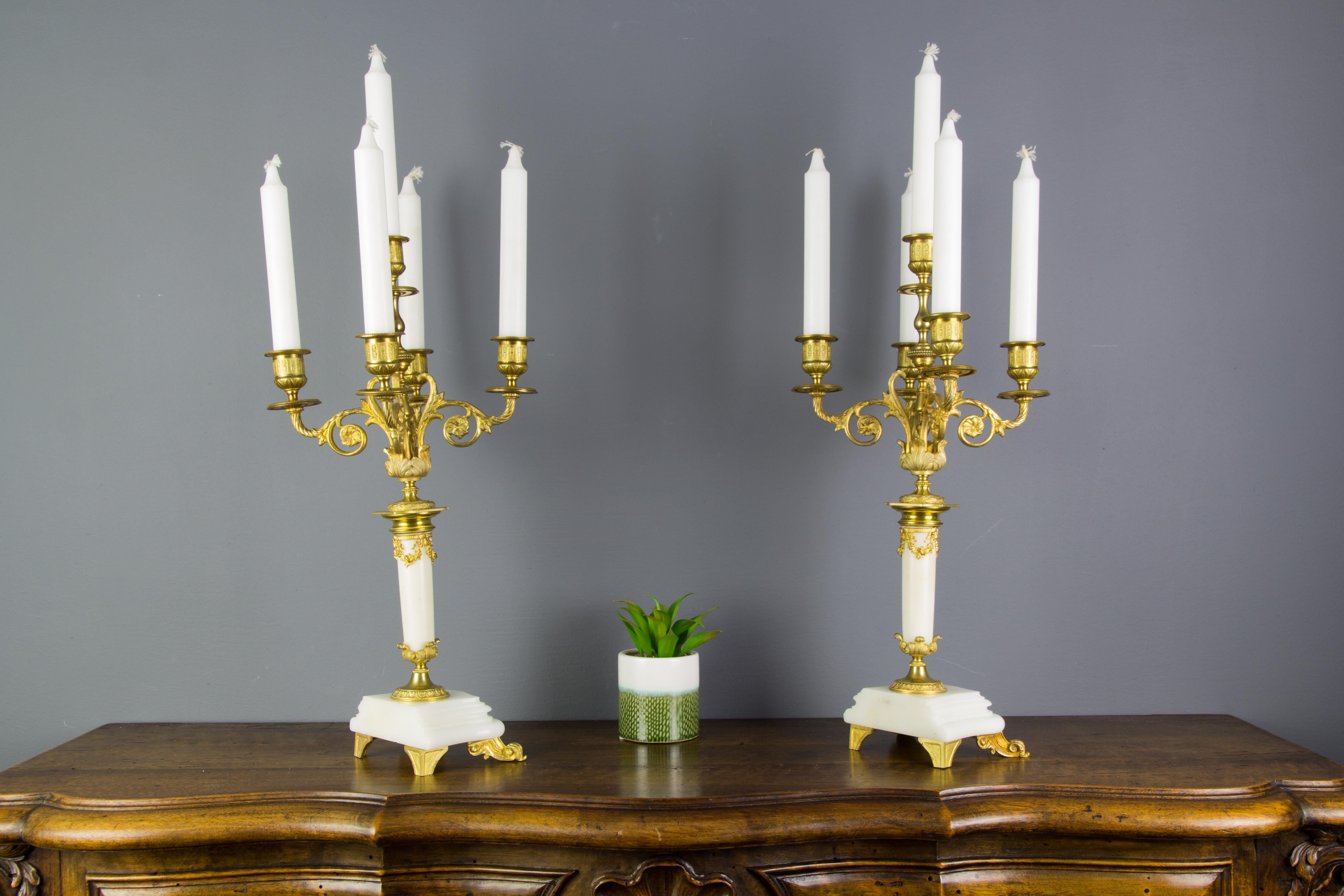 19th Century Pair of Louis XVI Style Gilt Bronze and White Marble Five-Light Candelabras