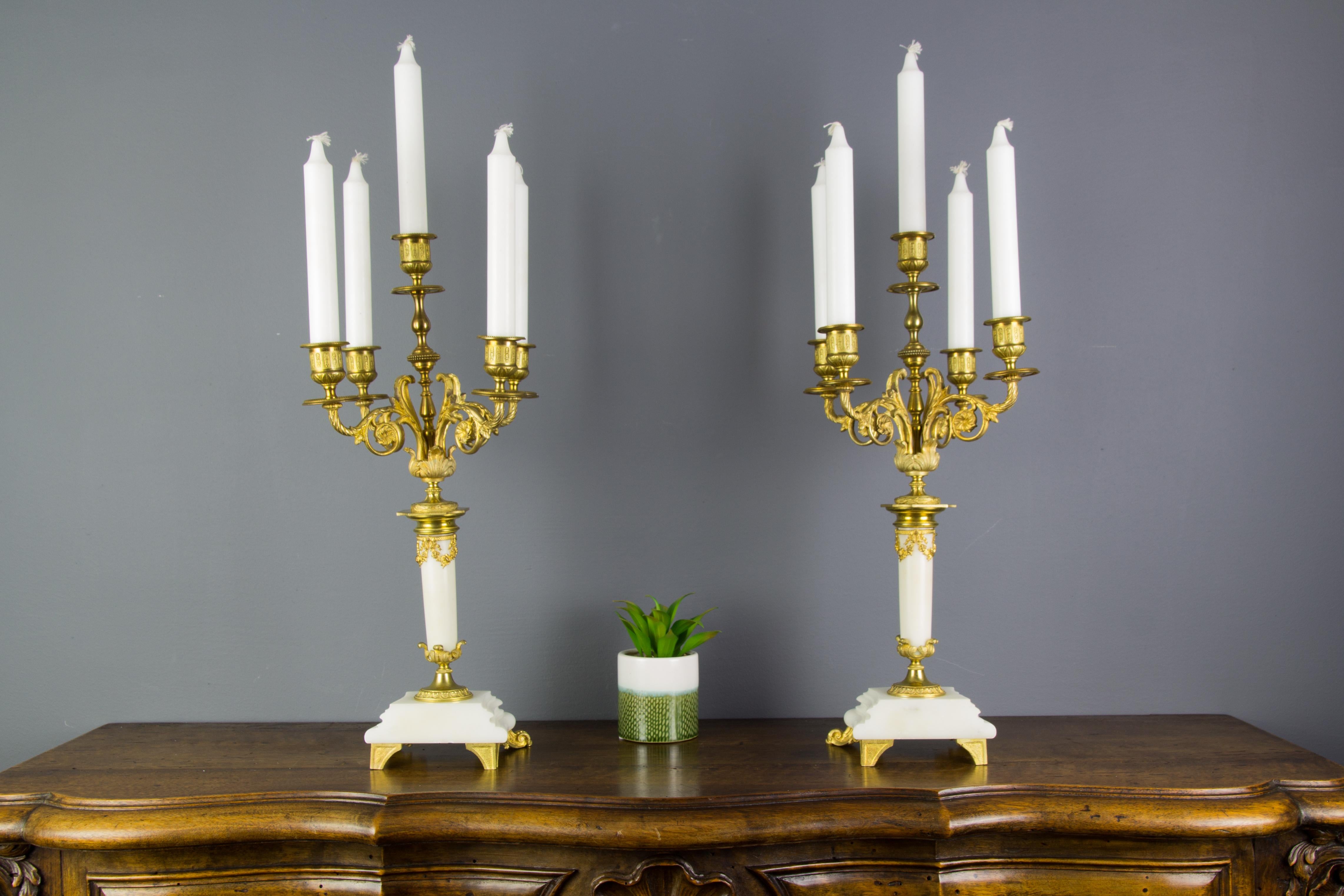 Pair of Louis XVI Style Gilt Bronze and White Marble Five-Light Candelabras 1