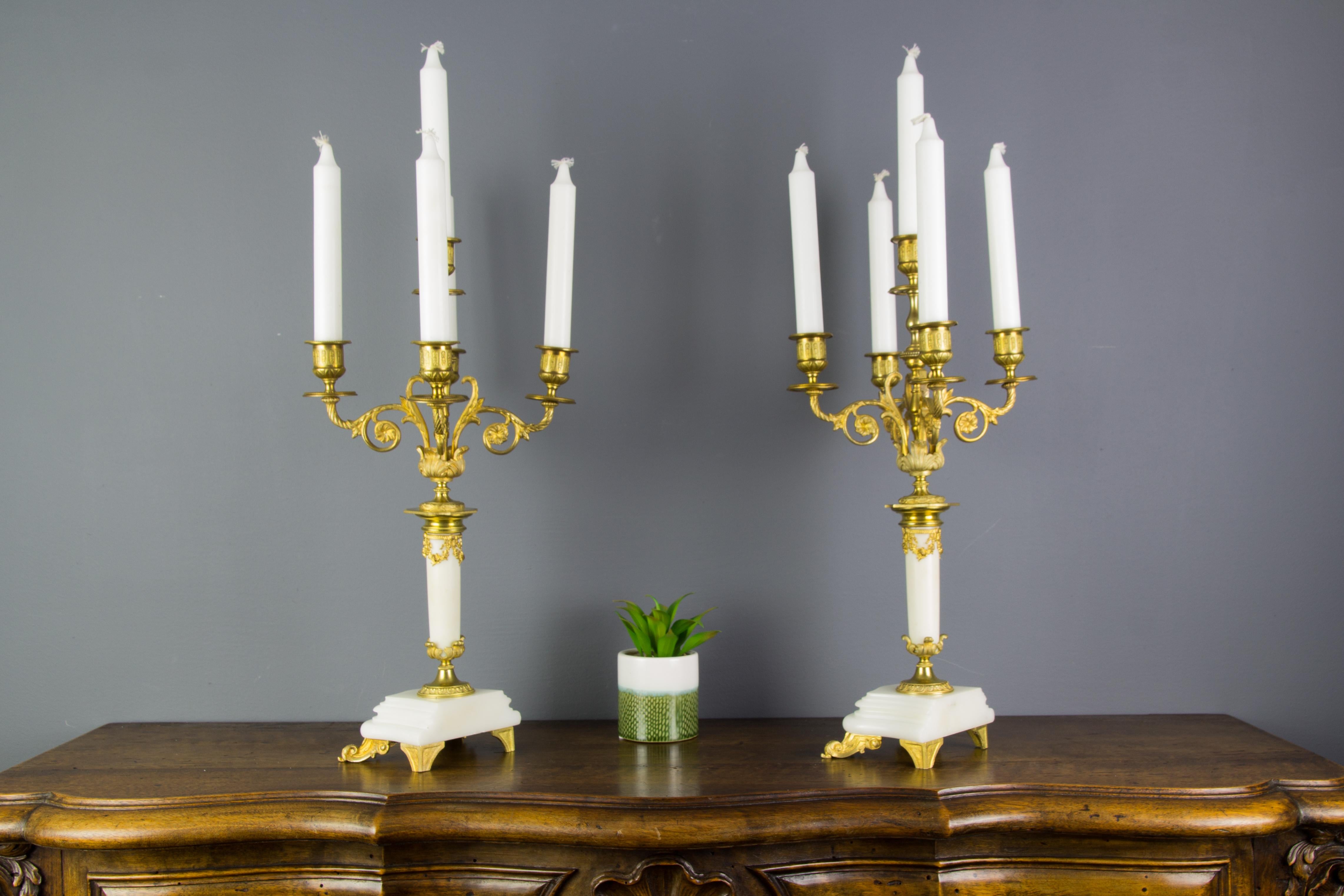 Pair of Louis XVI Style Gilt Bronze and White Marble Five-Light Candelabras 2