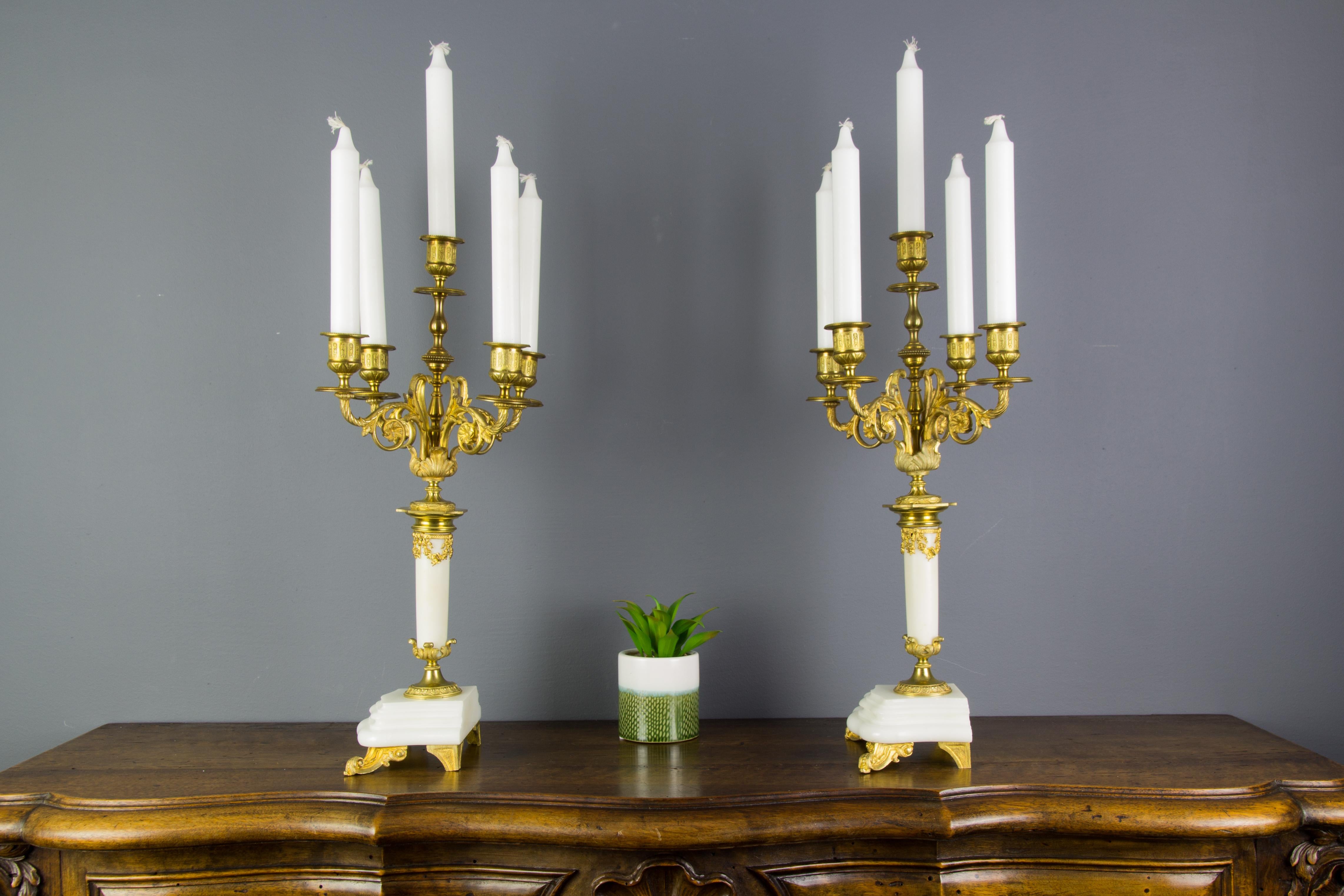 Pair of Louis XVI Style Gilt Bronze and White Marble Five-Light Candelabras 3