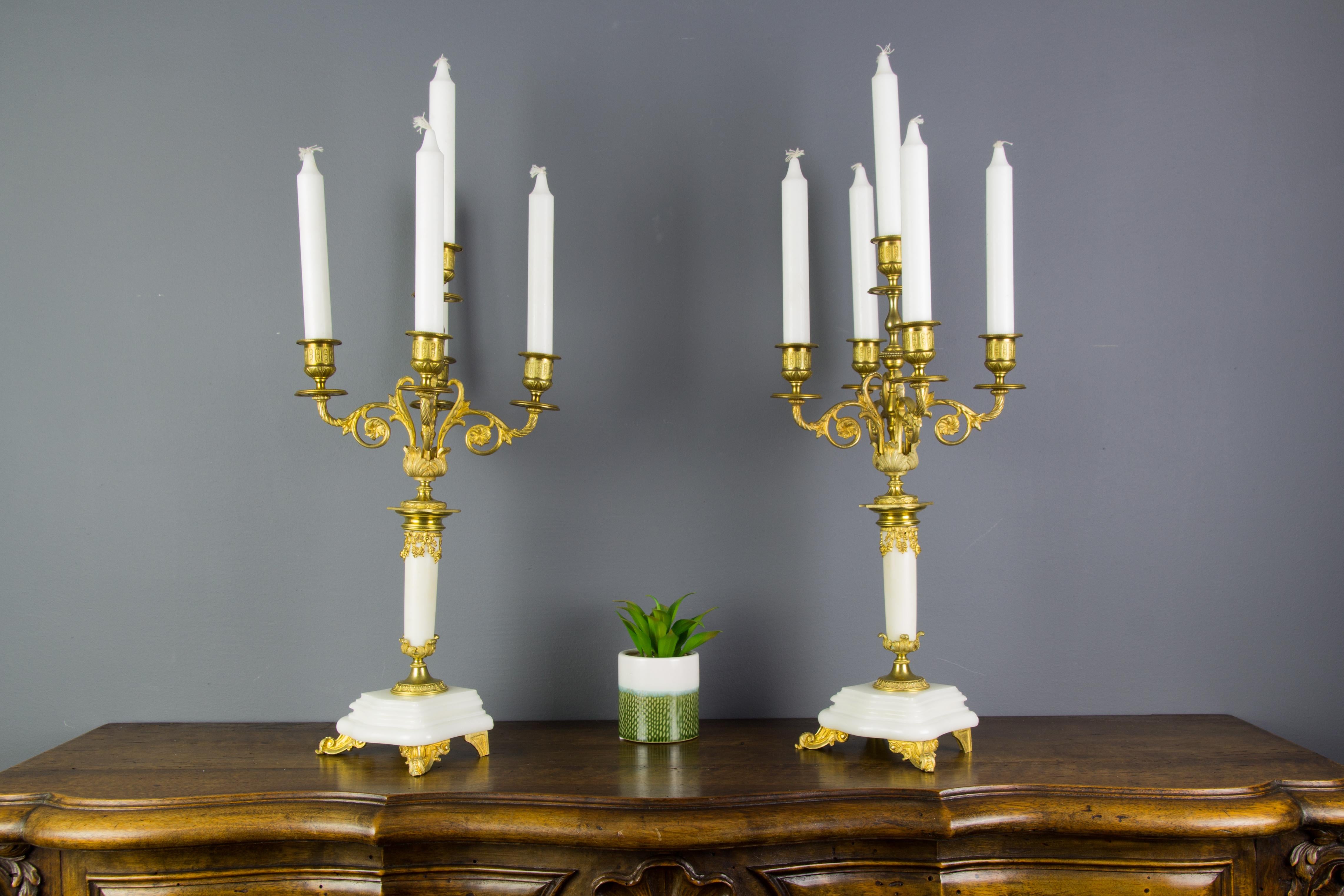 Pair of Louis XVI Style Gilt Bronze and White Marble Five-Light Candelabras 4