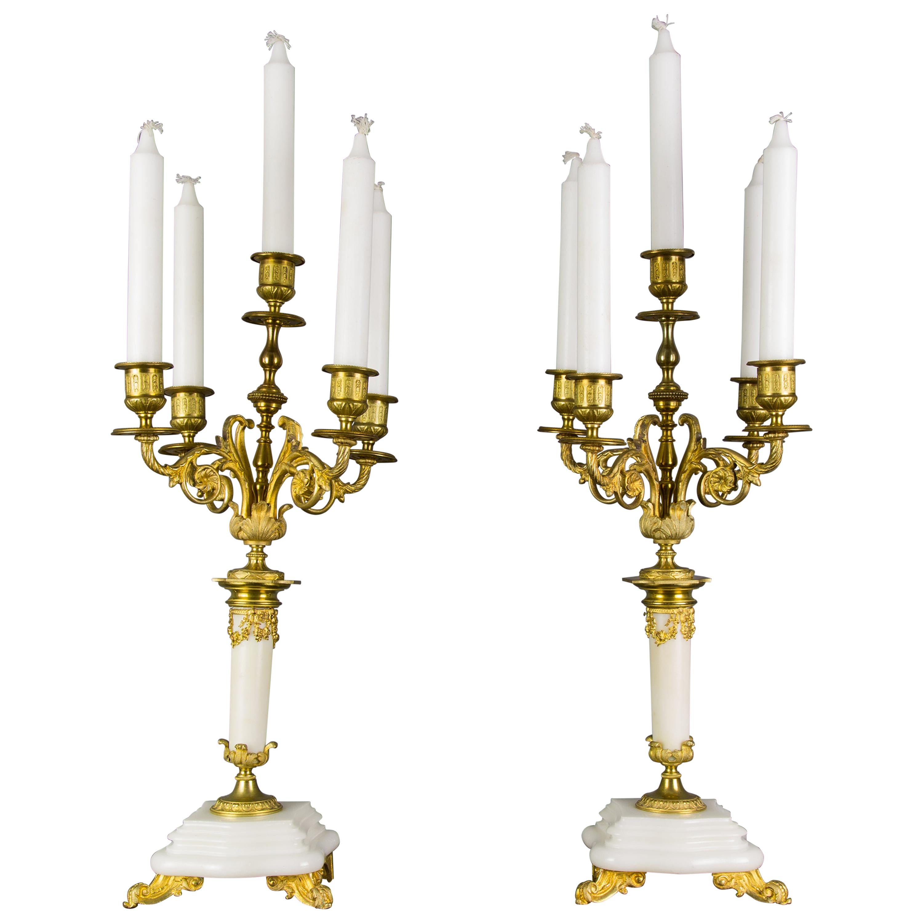 Pair of Louis XVI Style Gilt Bronze and White Marble Five-Light Candelabras
