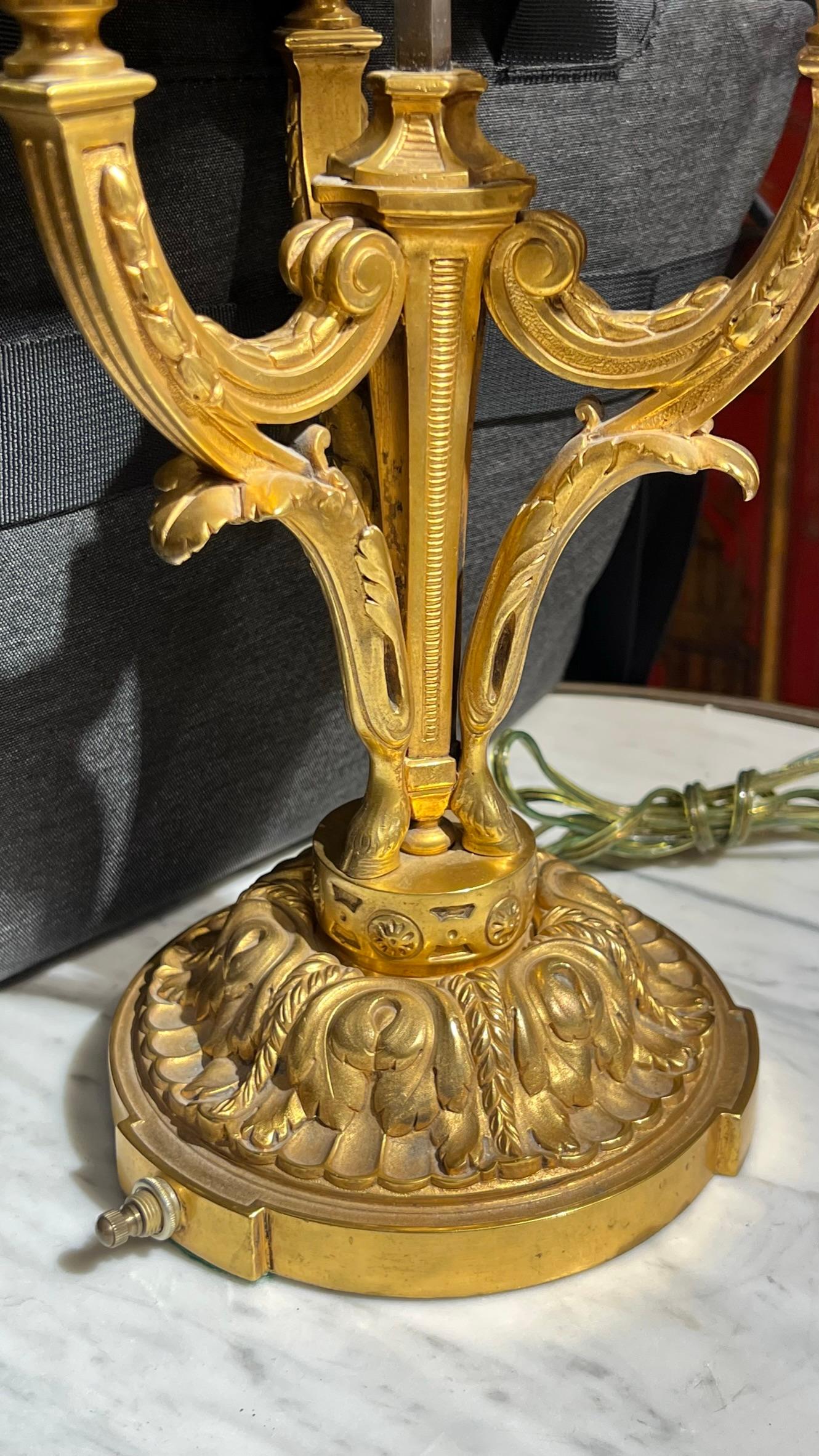 Pair of Louis XVI style  Gilt Bronze Bouillotte Lamps For Sale 9
