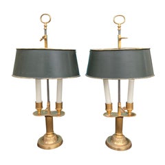 Pair of Louis XVI Style Gilt Bronze Bouillotte Lamps with Green Tole Shades