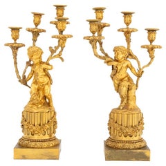 Pareja de candelabros de bronce dorado estilo Luis XVI