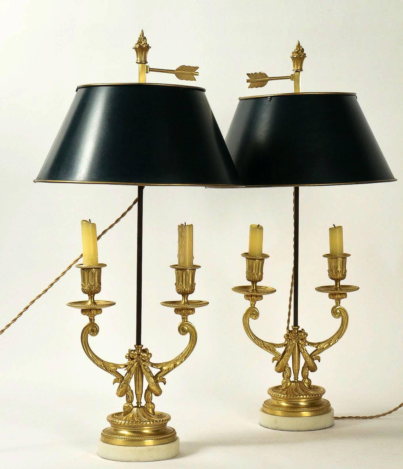 Pair of Louis XVI Style Gilt Bronze Candelabra, Converted in Bouillotte Lamps 6