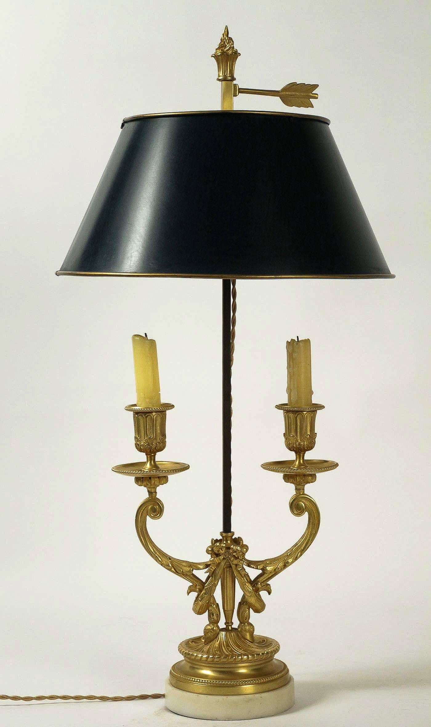 French Pair of Louis XVI Style Gilt Bronze Candelabra, Converted in Bouillotte Lamps