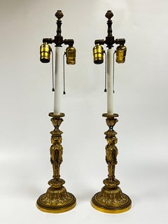 Pair of Louis XVI Style Gilt Bronze Candlestick Lamps