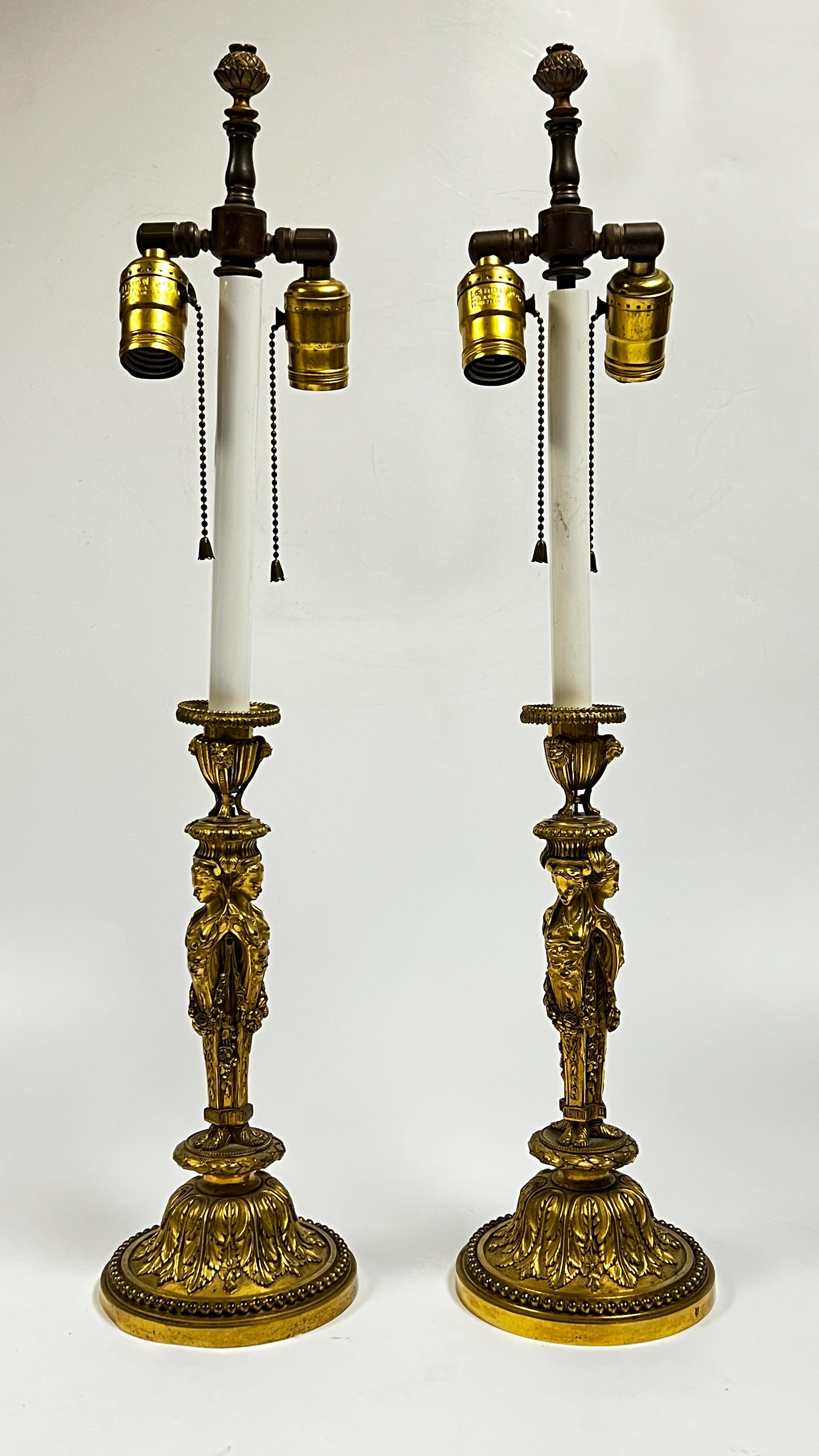 Pair of Louis XVI Style Gilt Bronze Candlestick Lamps In Good Condition In New York, NY