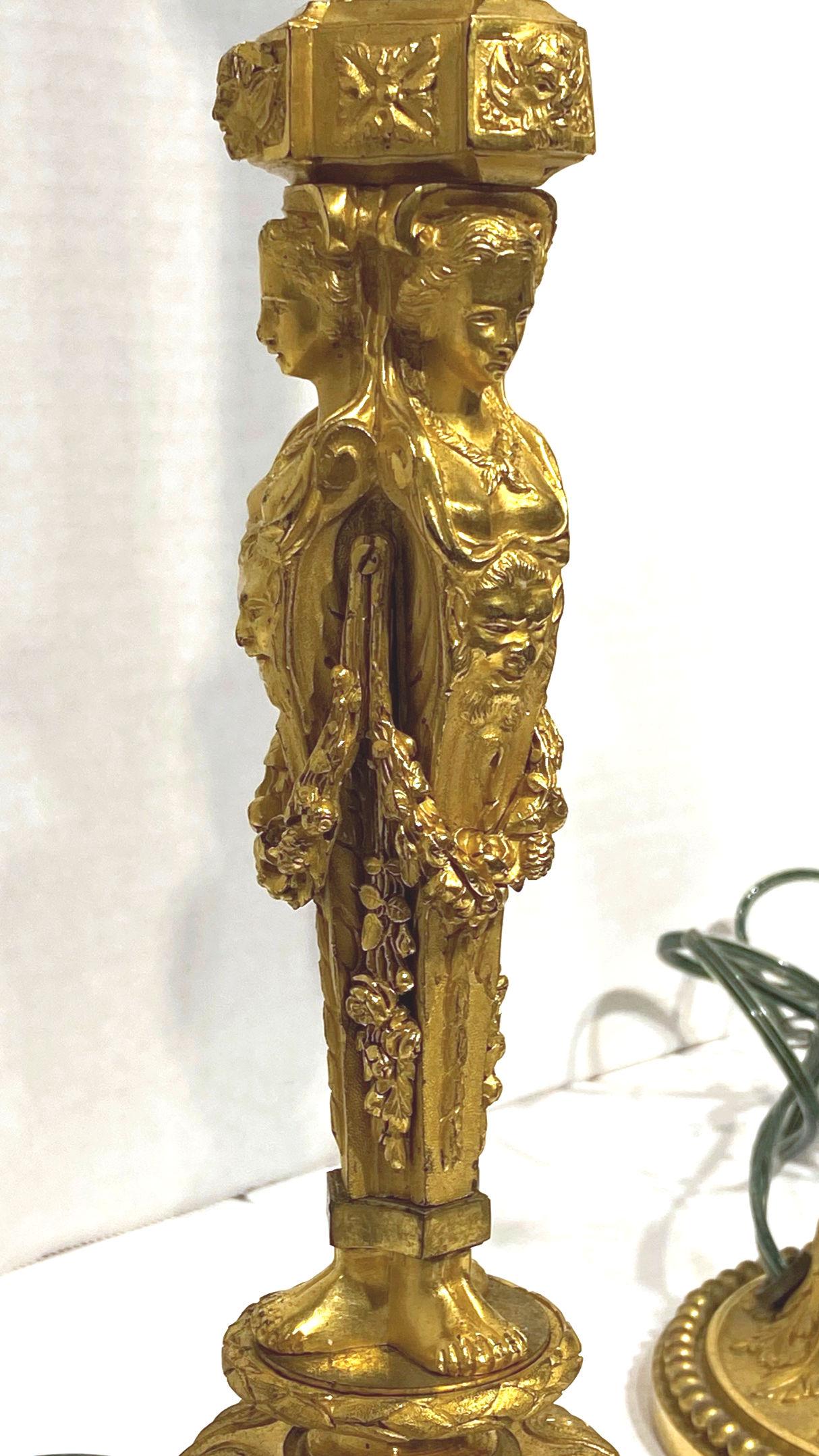 Gilt Louis XVI Style Bronze Candlestick Lamps After Jean Démosthène Dugourc 1749-1825