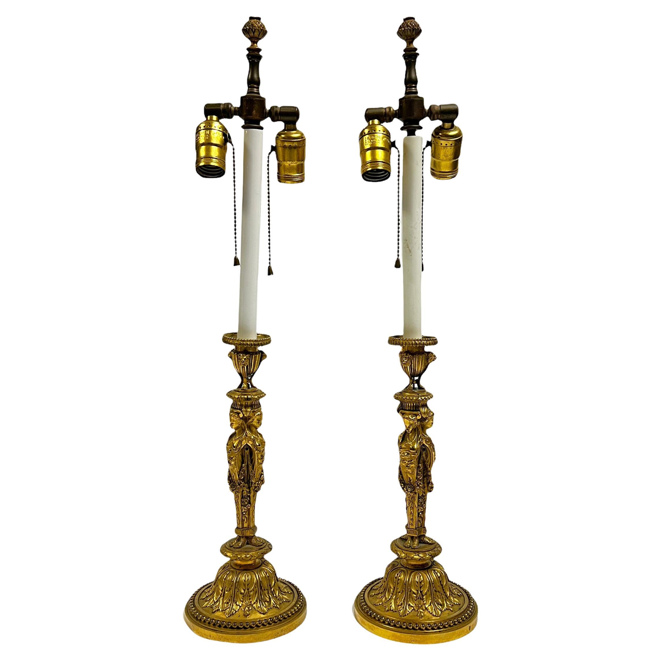 Pair of Louis XVI Style Gilt Bronze Candlestick Lamps